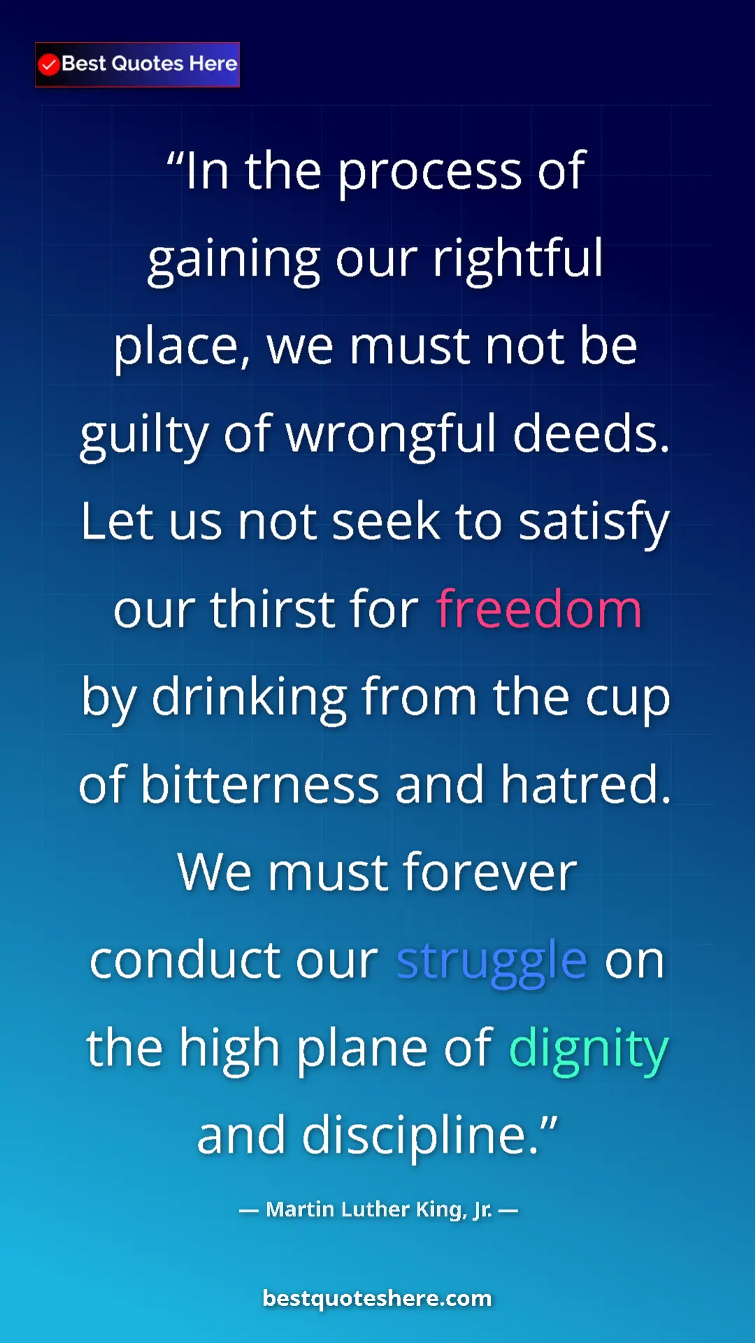 Pinterest quote poster by Martin Luther King, Jr.: "In the process of gaining our rightful place, we must not..."