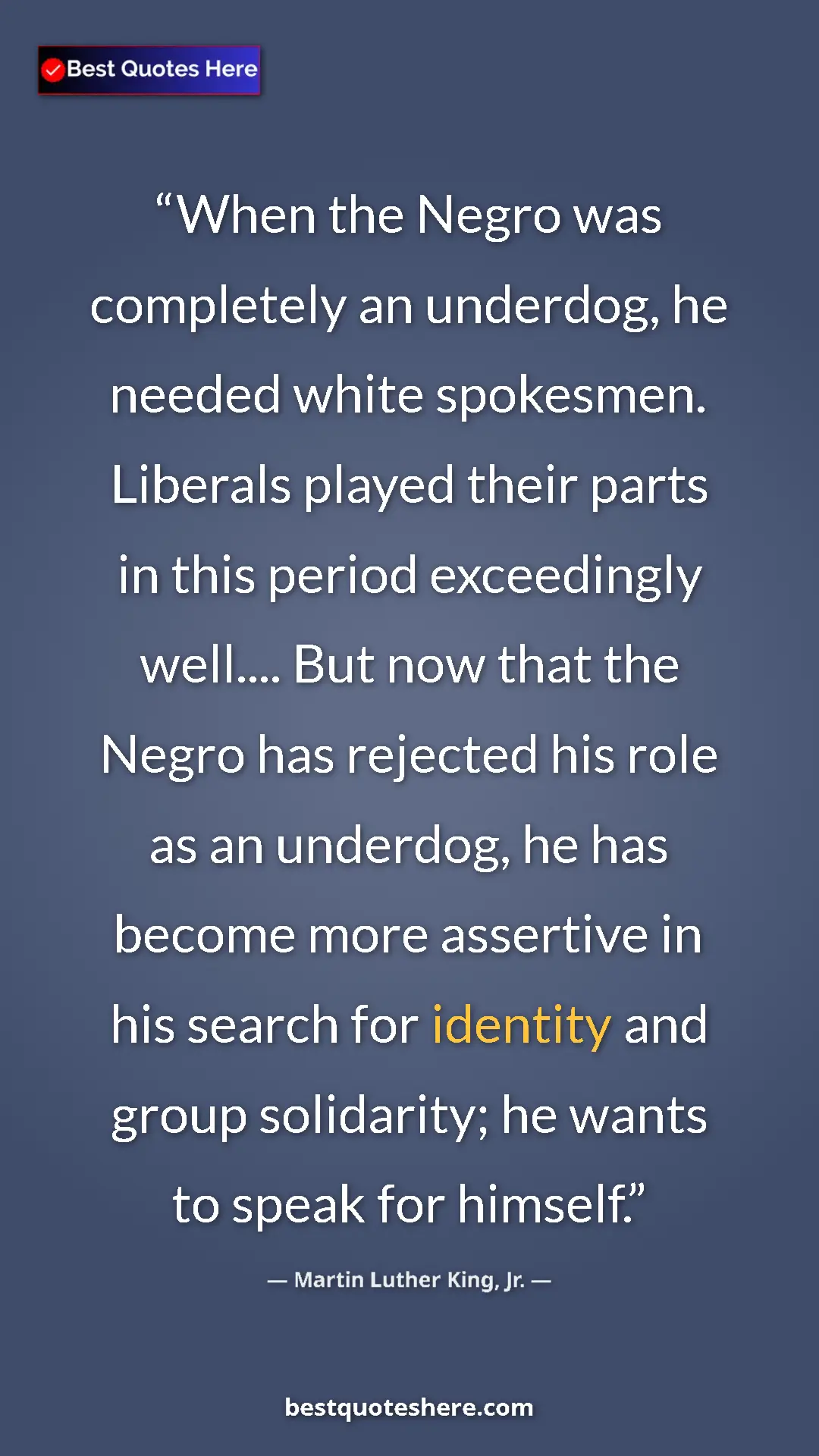Martin Luther King, Jr. Quote Card: "When the Negro was completely an underdog, he needed white..." Pinterest quote poster by Martin Luther King, Jr.: "When the Negro was completely an underdog, he needed white..."