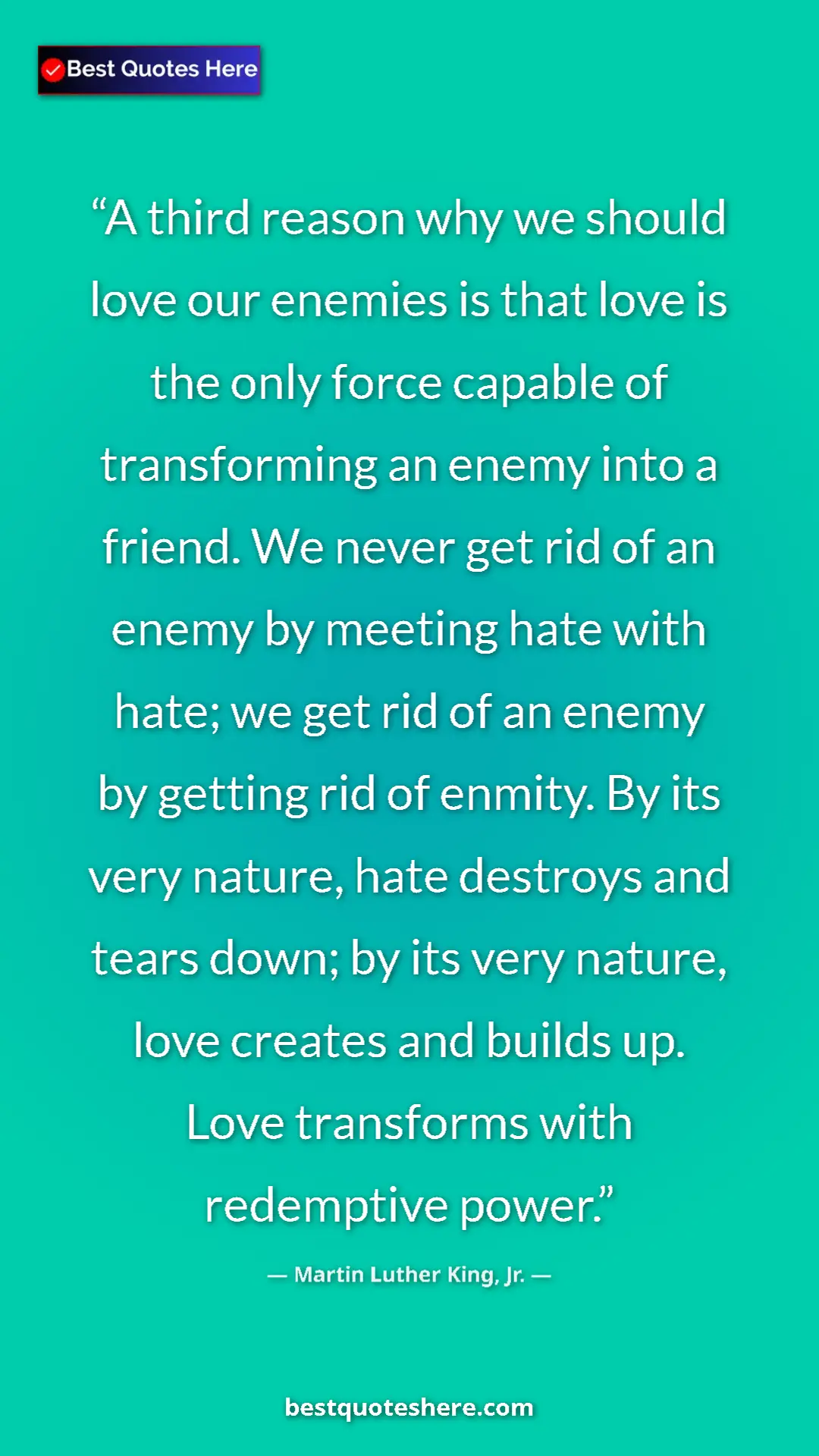 Martin Luther King, Jr. Quote Card: "A third reason why we should love our enemies is that love..." Pinterest quote poster by Martin Luther King, Jr.: "A third reason why we should love our enemies is that love..."