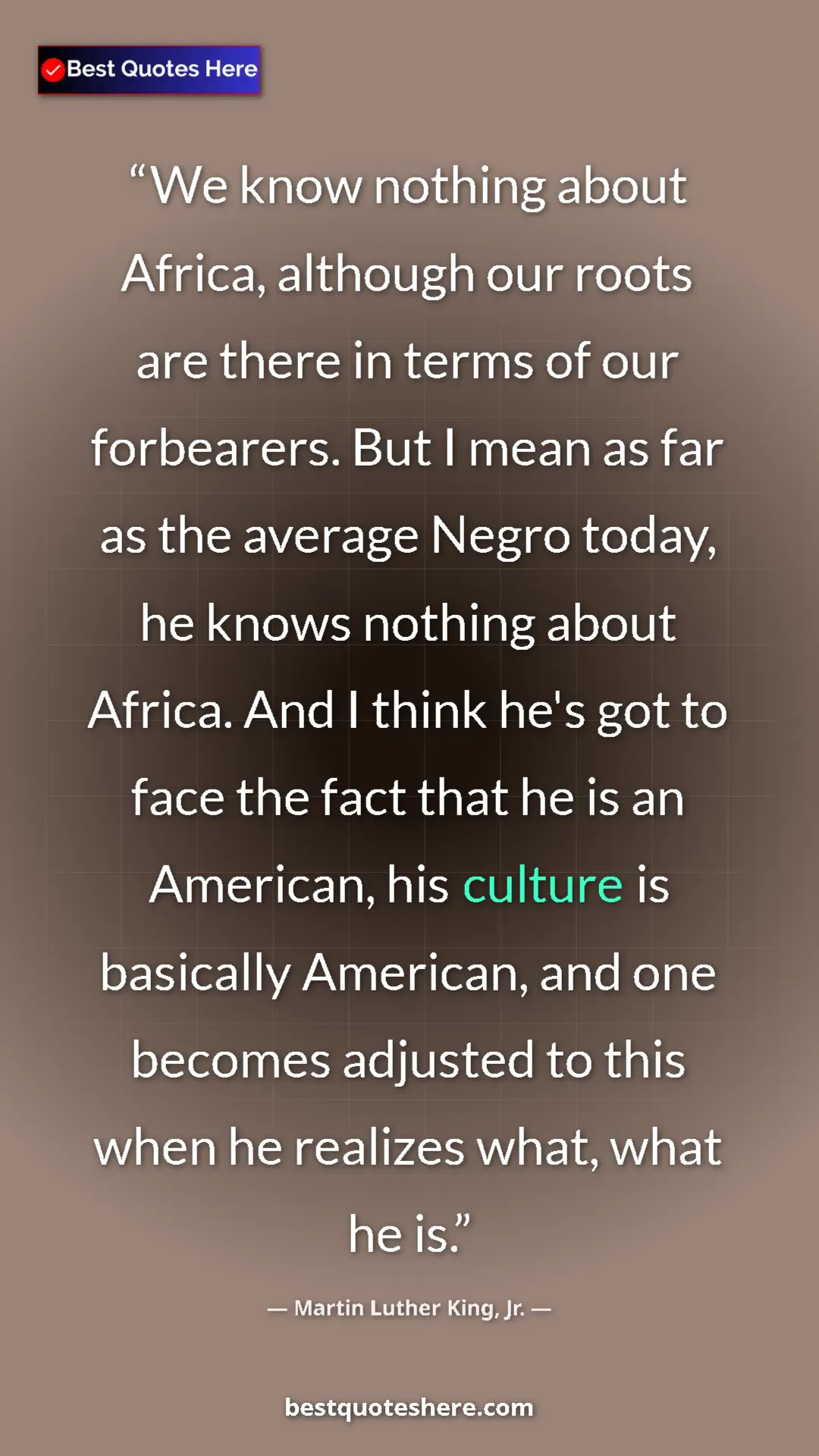 Martin Luther King, Jr. Quote Card: "We know nothing about Africa, although our roots are there..." Pinterest quote poster by Martin Luther King, Jr.: "We know nothing about Africa, although our roots are there..."