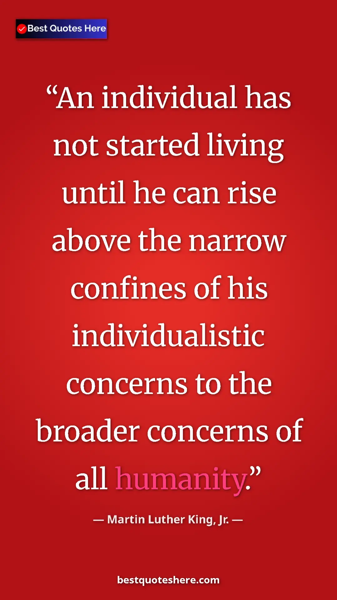 Martin Luther King, Jr. Quote Card: "An individual has not started living until he can rise..." Pinterest quote poster by Martin Luther King, Jr.: "An individual has not started living until he can rise..."