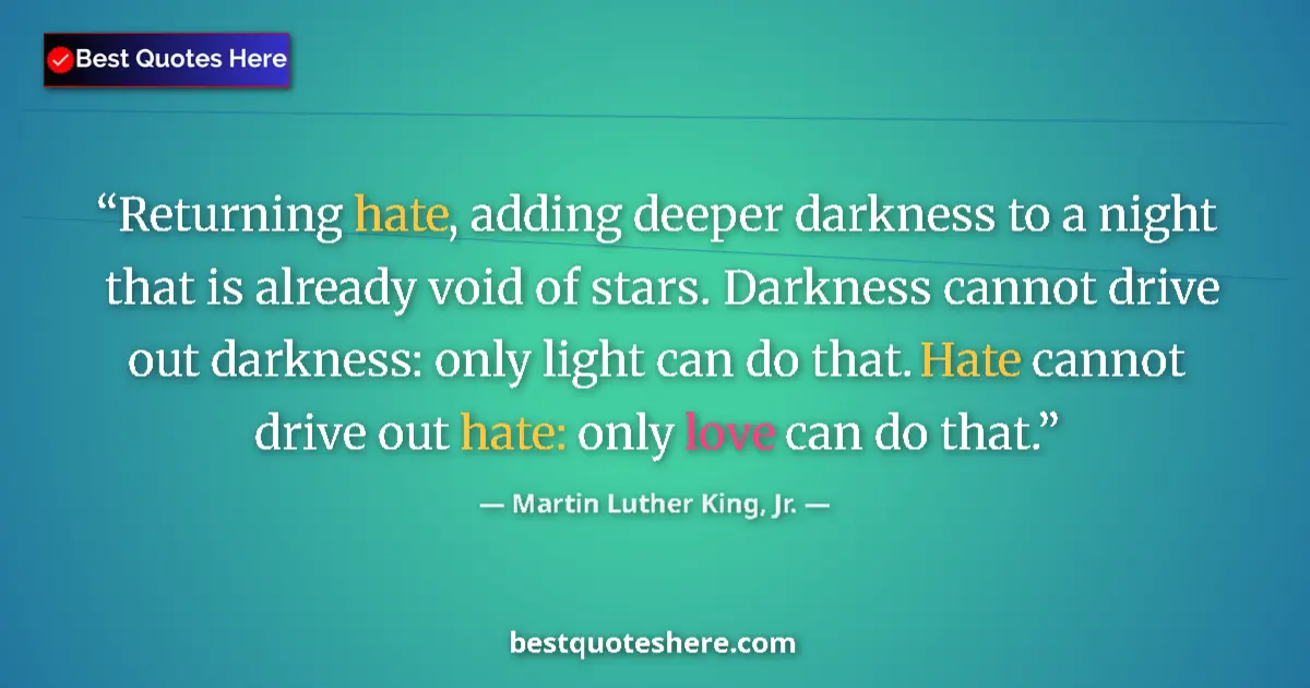 Quote by Martin Luther King, Jr.: Returning hate, adding deeper darkness to a night that is already void of stars. Darkness cannot dri...