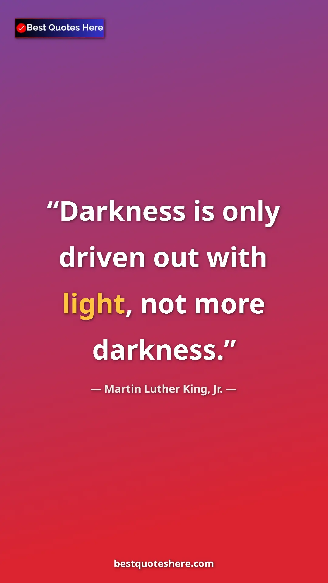 Pinterest quote poster by Martin Luther King, Jr.: "Darkness is only driven out with light, not more darkness."