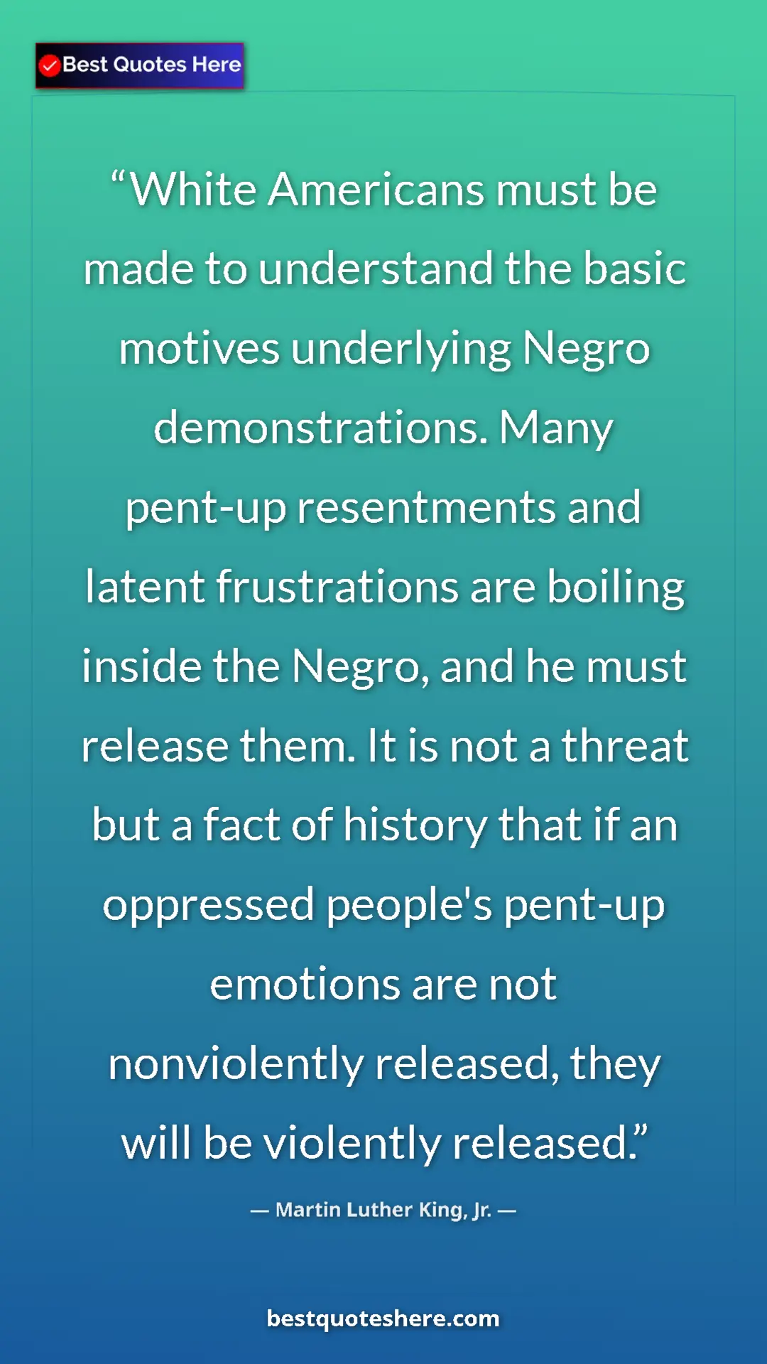 Pinterest quote poster by Martin Luther King, Jr.: "White Americans must be made to understand the basic..."