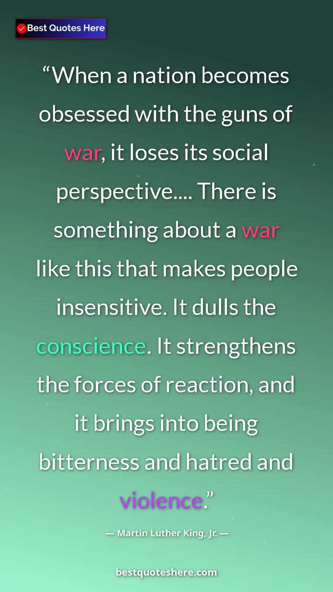 Martin Luther King, Jr. Quote Card: "When a nation becomes obsessed with the guns of war, it..." Pinterest quote poster by Martin Luther King, Jr.: "When a nation becomes obsessed with the guns of war, it..."
