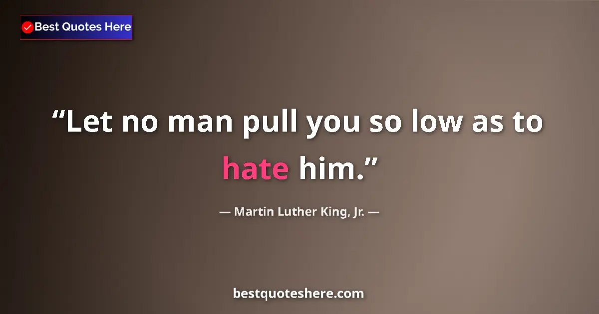 Quote by Martin Luther King, Jr.: Let no man pull you so low as to hate him.