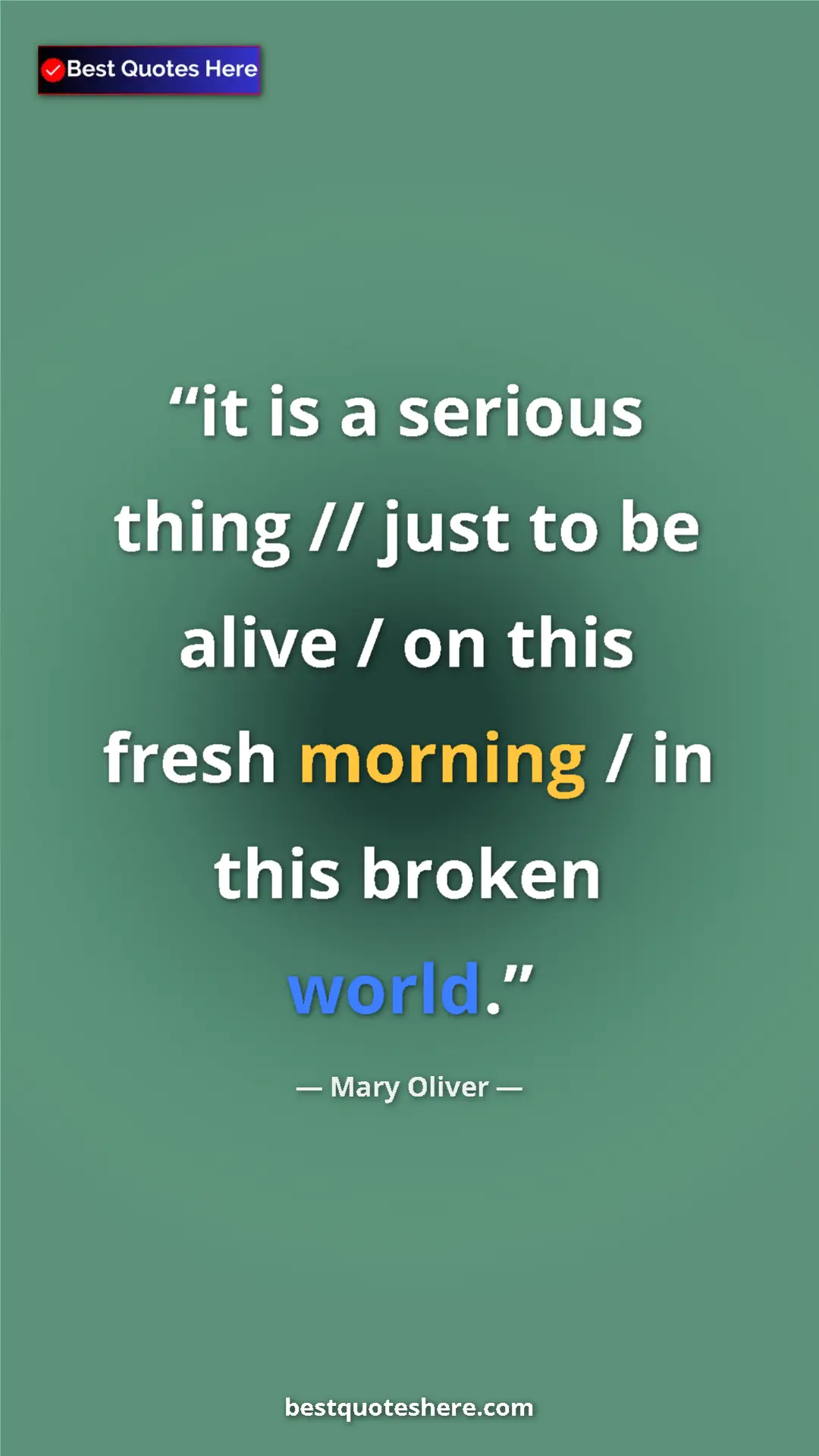 Pinterest quote poster by Mary Oliver: "it is a serious thing // just to be alive / on this fresh..."