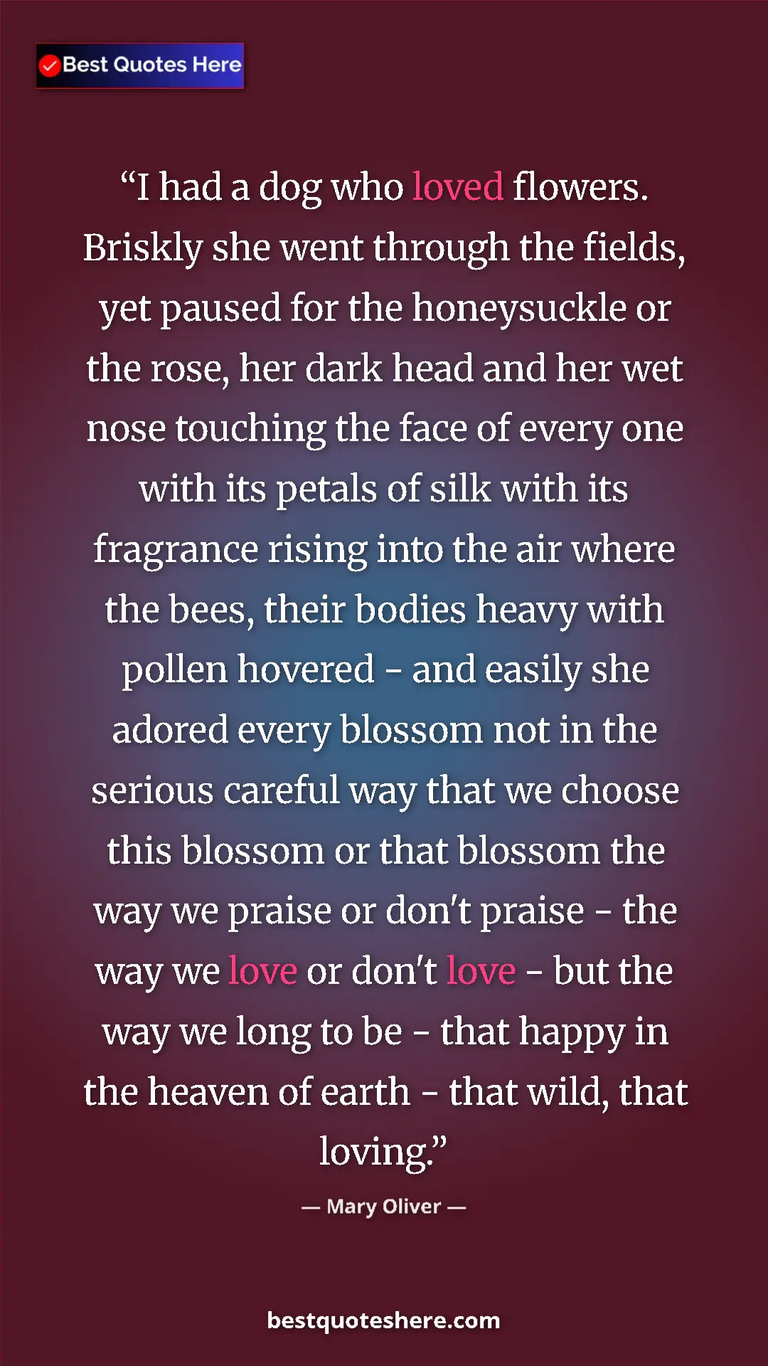 Pinterest quote poster by Mary Oliver: "I had a dog who loved flowers. Briskly she went through the..."