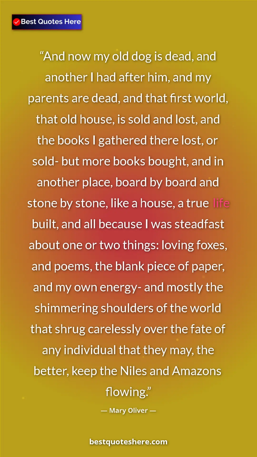 Pinterest quote poster by Mary Oliver: "And now my old dog is dead, and another I had after him,..."