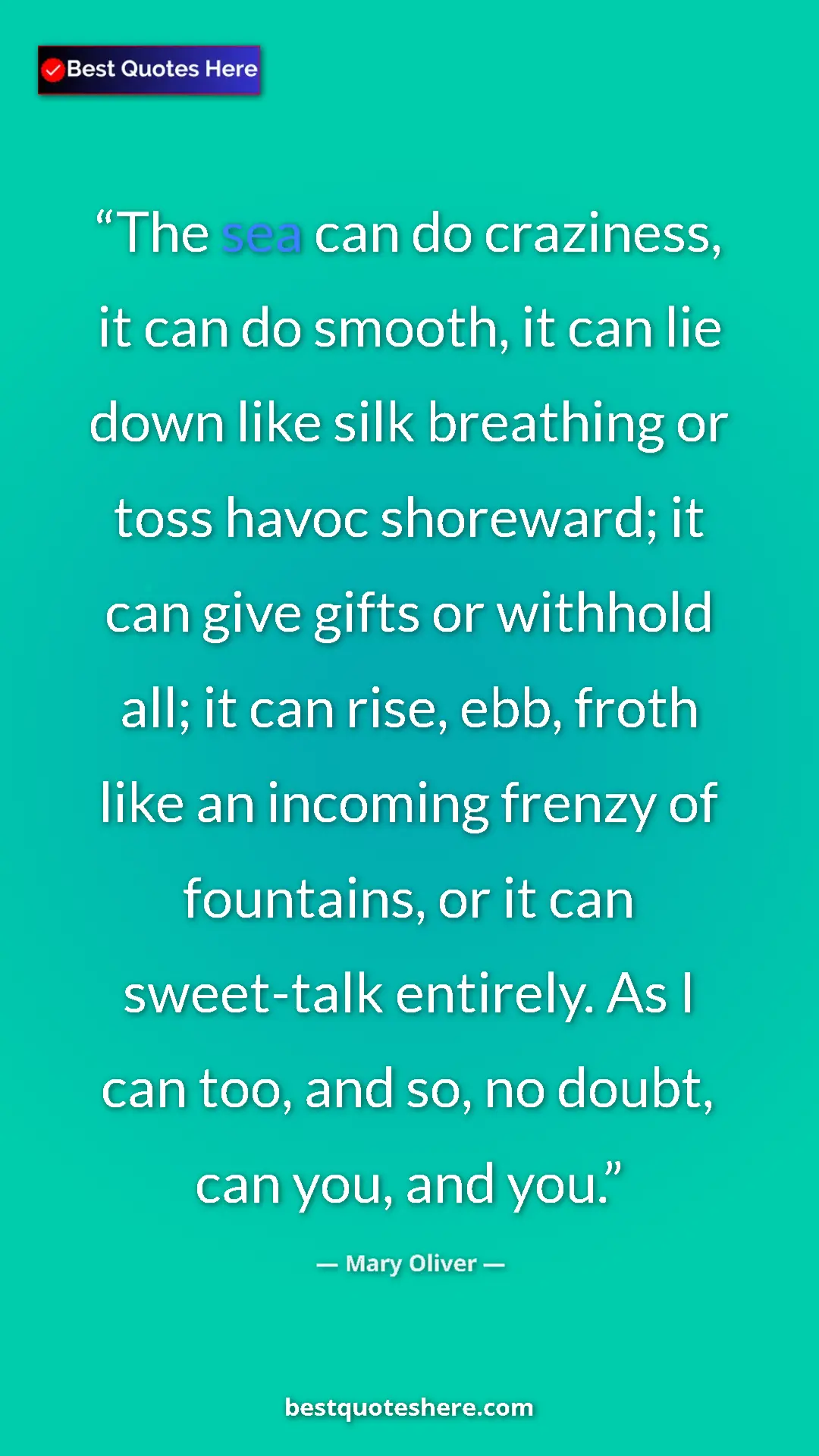 Mary Oliver Quote Card: "The sea can do craziness, it can do smooth, it can lie down..." Pinterest quote poster by Mary Oliver: "The sea can do craziness, it can do smooth, it can lie down..."