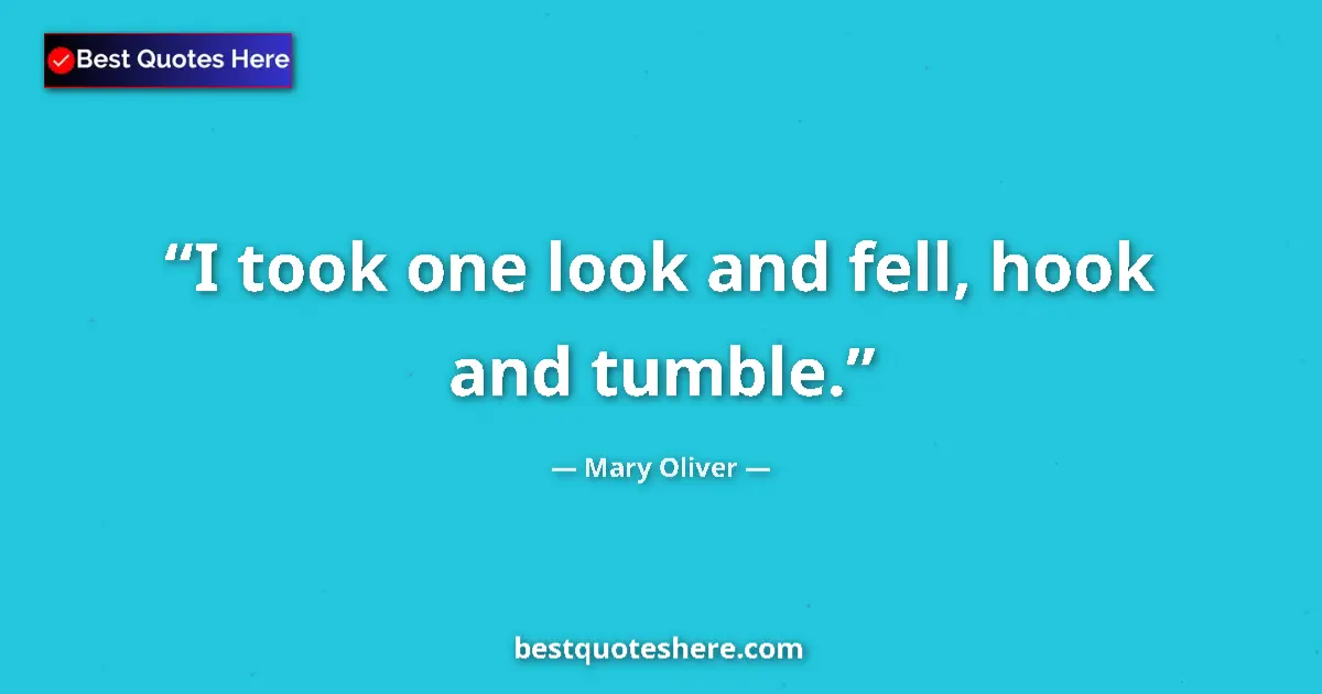 Quote by Mary Oliver: I took one look and fell, hook and tumble....