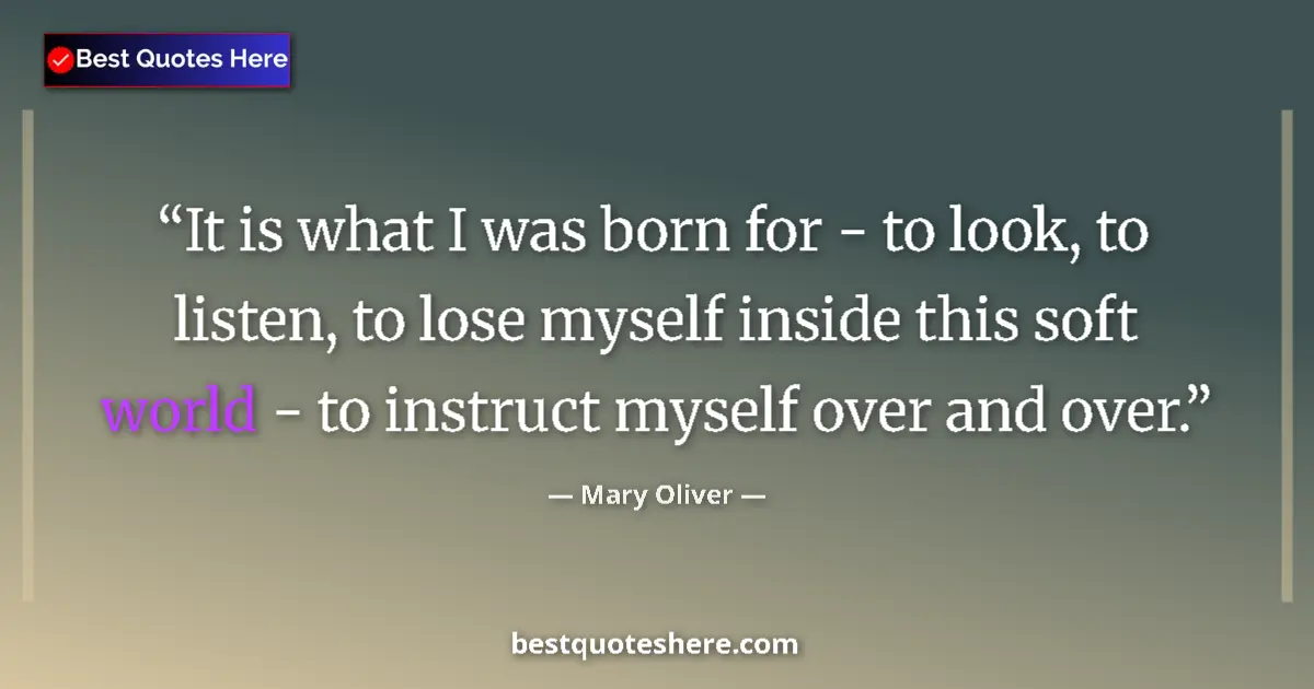 Quote by Mary Oliver: It is what I was born for - to look, to listen, to lose myself inside this soft world - to instruct ...
