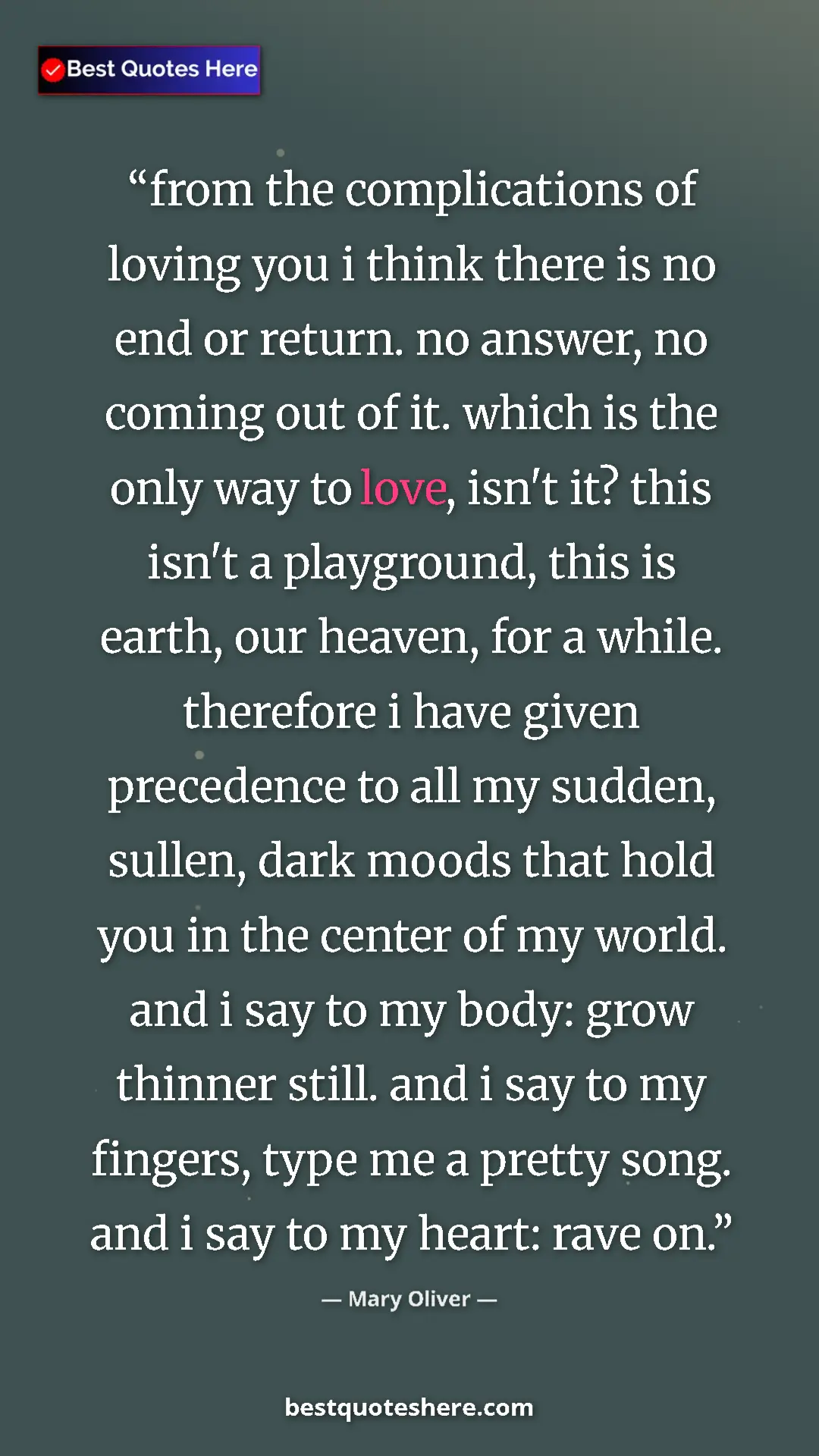 Pinterest quote poster by Mary Oliver: "from the complications of loving you i think there is no..."