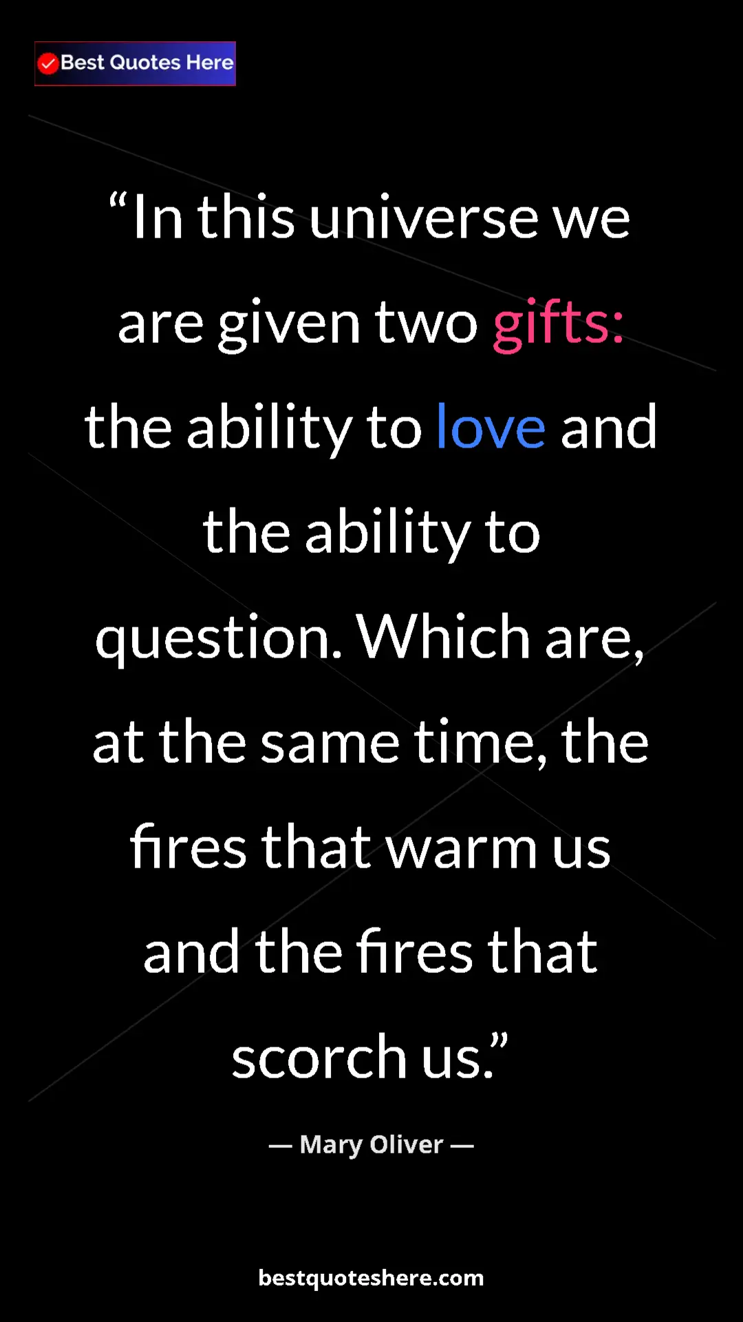 Pinterest quote poster by Mary Oliver: "In this universe we are given two gifts: the ability to..."