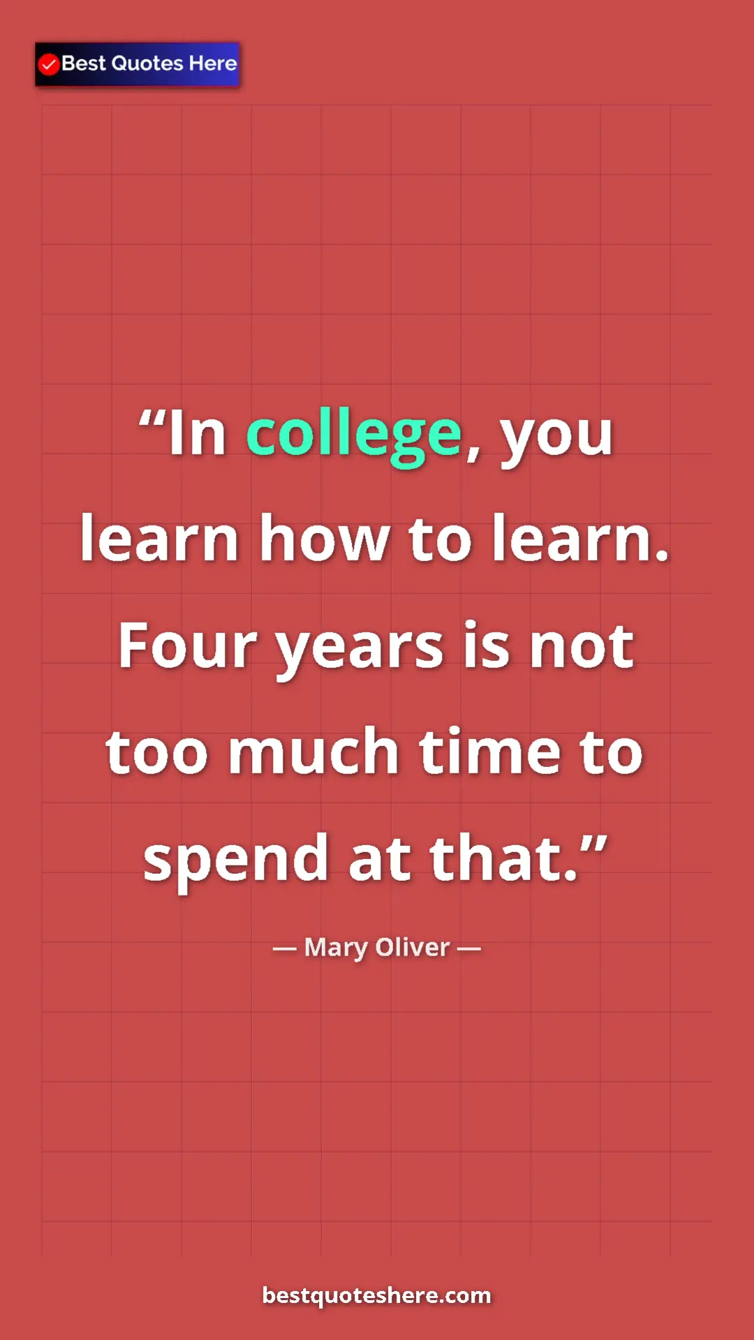 Pinterest quote poster by Mary Oliver: "In college, you learn how to learn. Four years is not too..."
