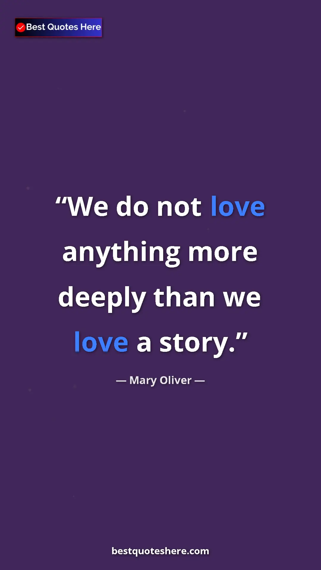 Pinterest quote poster by Mary Oliver: "We do not love anything more deeply than we love a story."