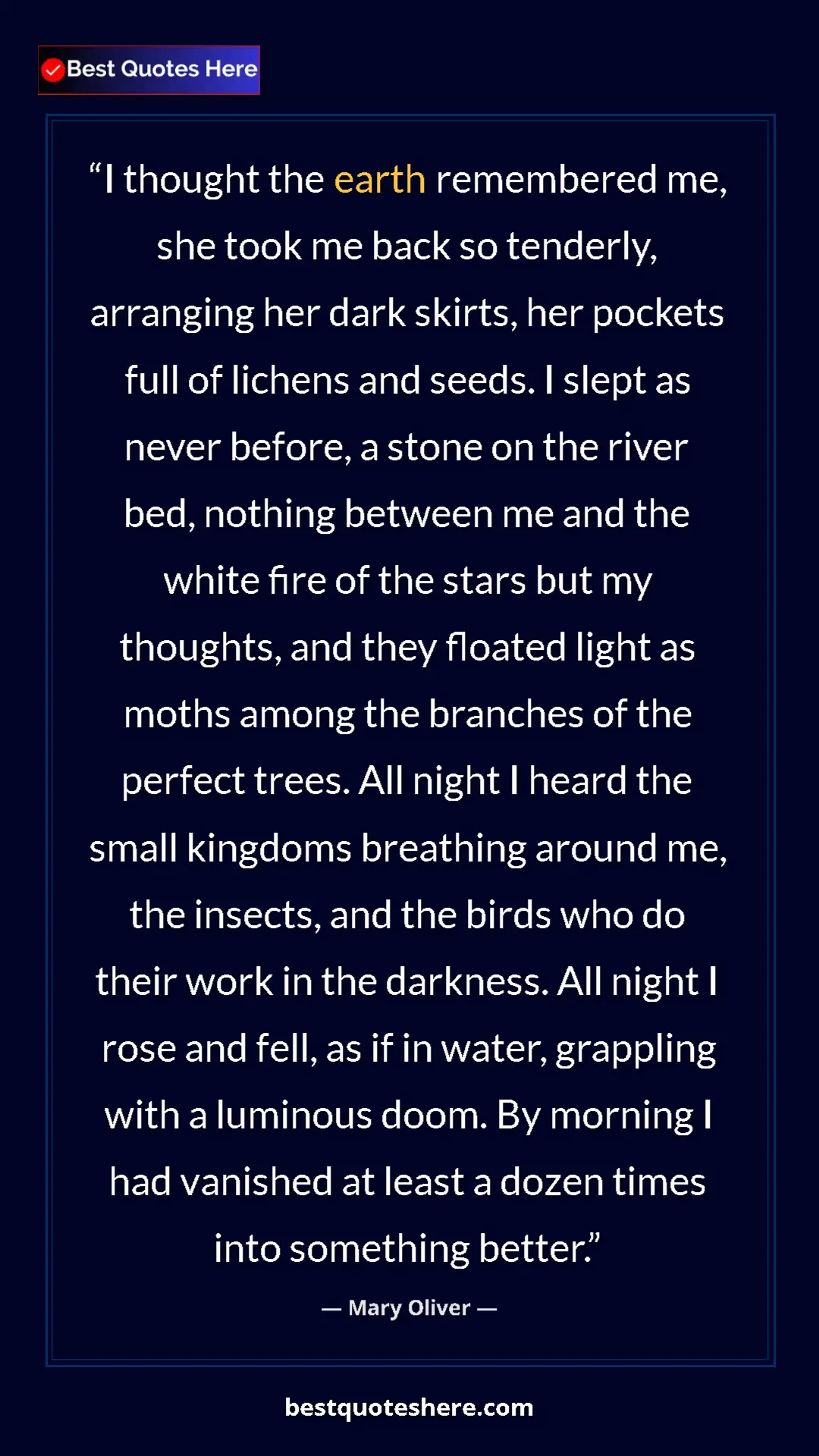 Pinterest quote poster by Mary Oliver: "I thought the earth remembered me, she took me back so..."
