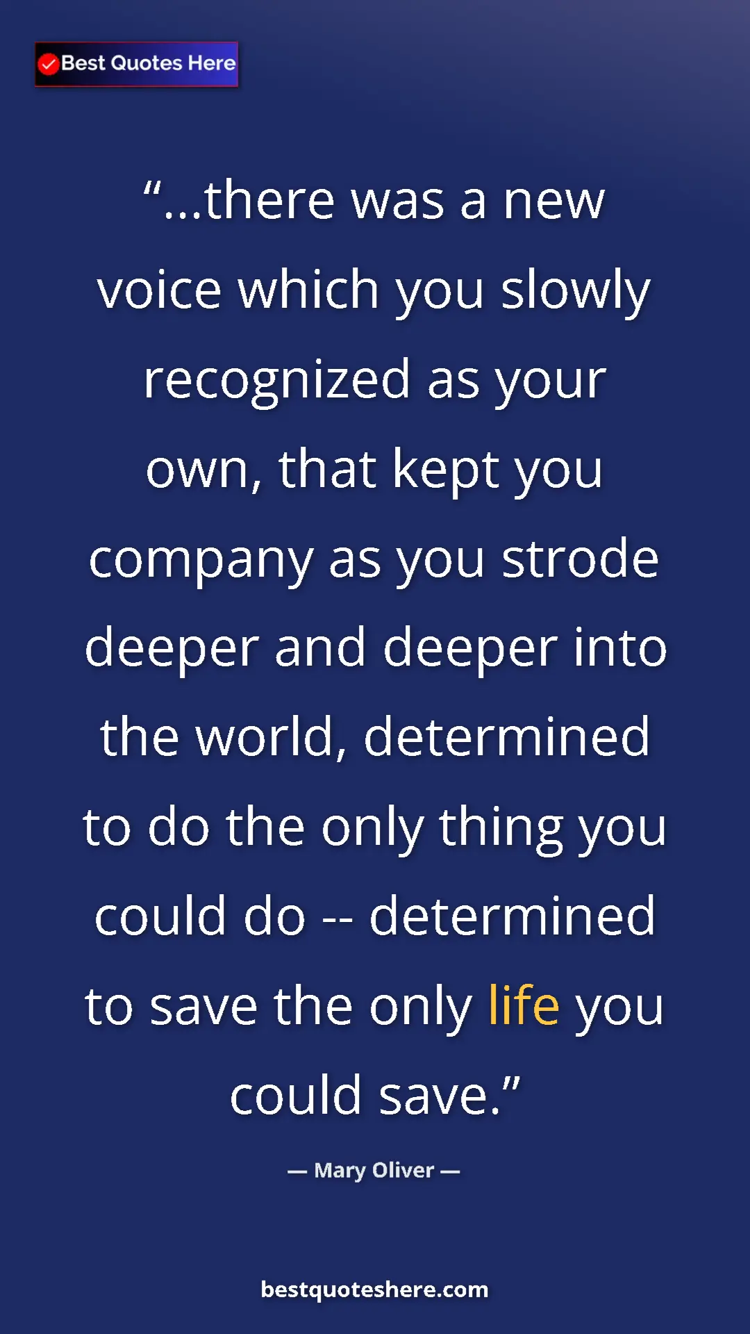Pinterest quote poster by Mary Oliver: "...there was a new voice which you slowly recognized as..."