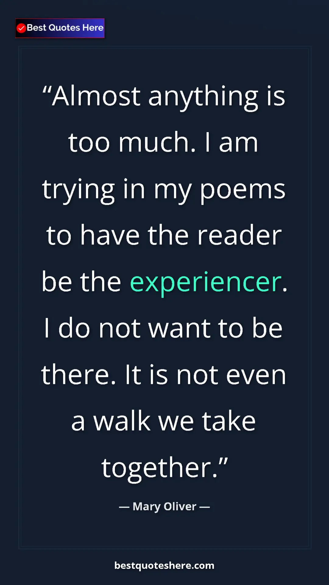 Pinterest quote poster by Mary Oliver: "Almost anything is too much. I am trying in my poems to..."