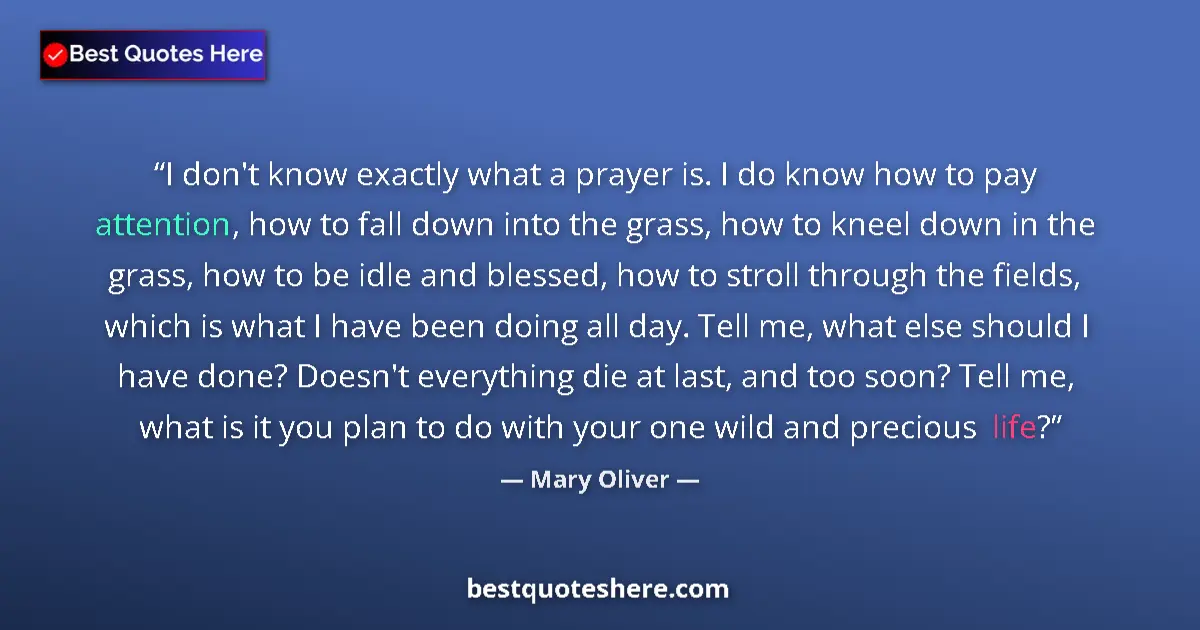 Quote by Mary Oliver: I don't know exactly what a prayer is. I do know how to pay attention, how to fall down into the gra...
