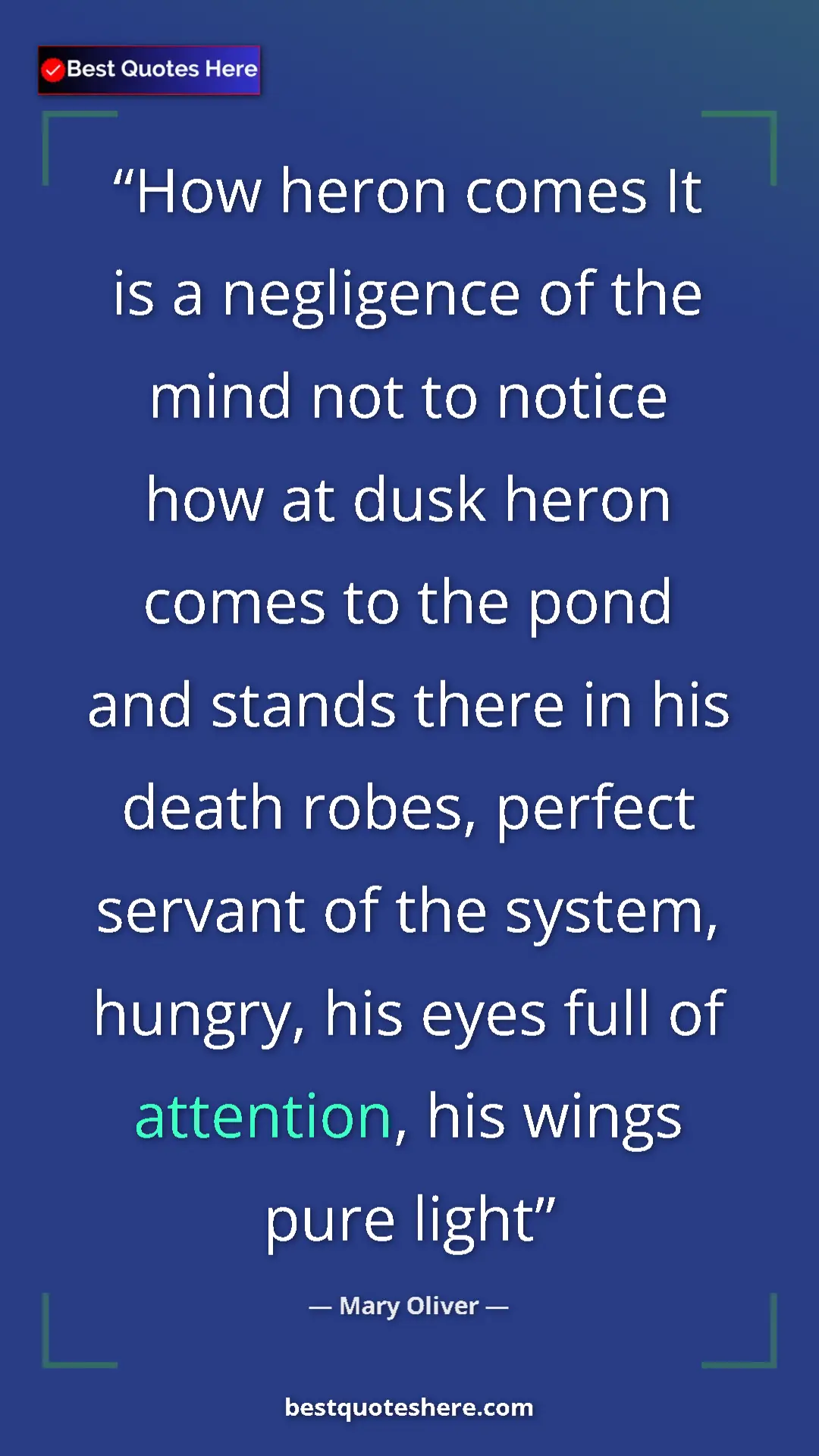 Pinterest quote poster by Mary Oliver: "How heron comes It is a negligence of the mind not to..."