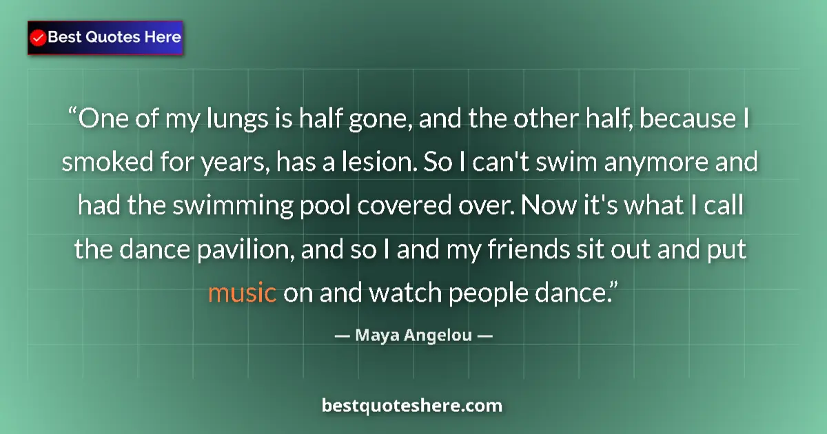 Maya Angelou Quote: "One of my lungs is half gone, and the other half, because I..." Maya Angelou quote: "One of my lungs is half gone, and the other half, because I..."