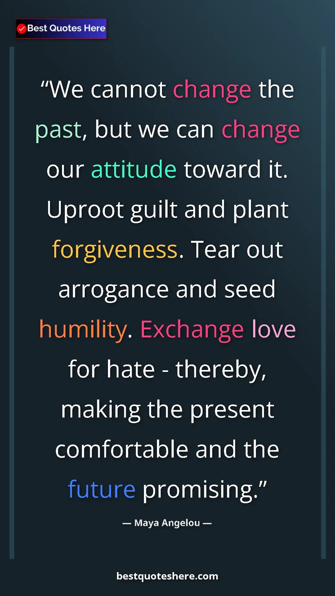 Pinterest quote poster by Maya Angelou: "We cannot change the past, but we can change our attitude..."