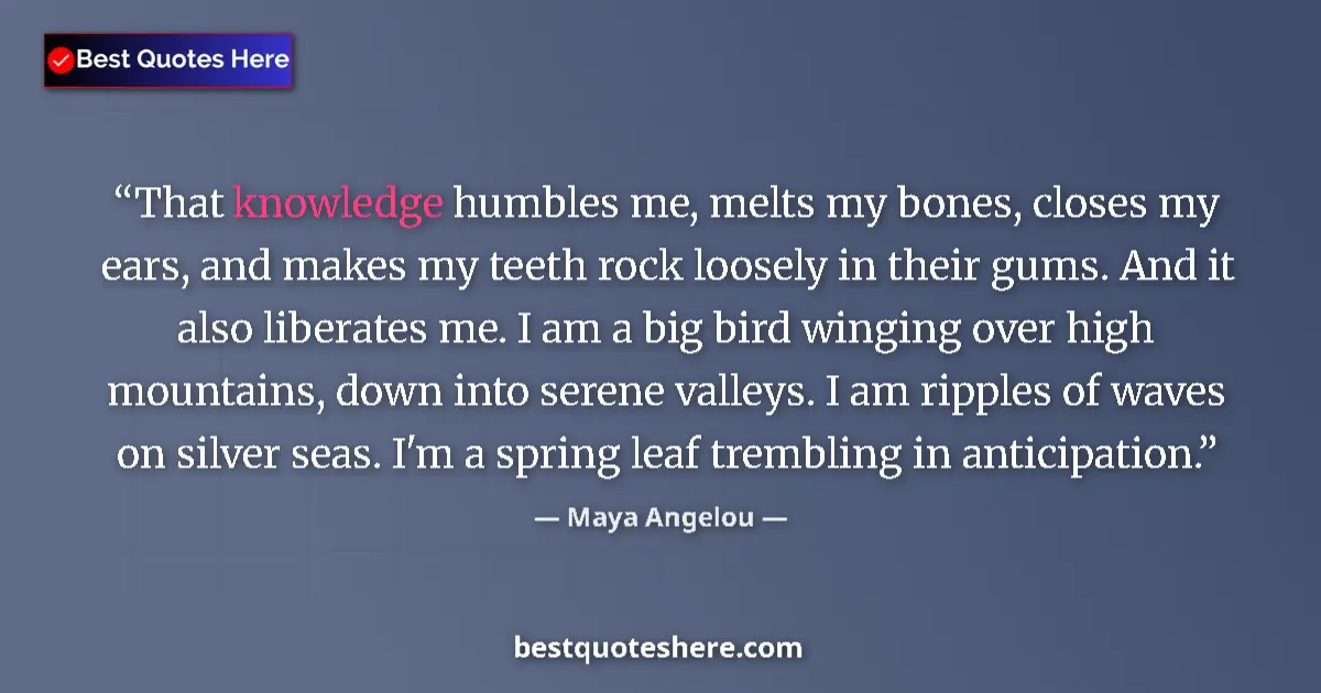 Quote by Maya Angelou: That knowledge humbles me, melts my bones, closes my ears, and makes my teeth rock loosely in their ...