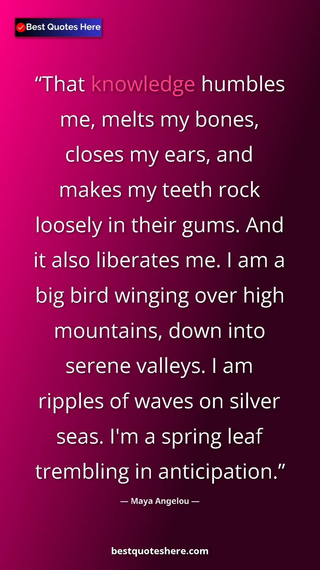 Maya Angelou Quote Card: "That knowledge humbles me, melts my bones, closes my ears,..." Pinterest quote poster by Maya Angelou: "That knowledge humbles me, melts my bones, closes my ears,..."