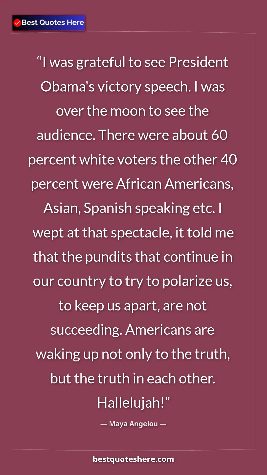 Pinterest quote poster by Maya Angelou: "I was grateful to see President Obama's victory speech. I..."