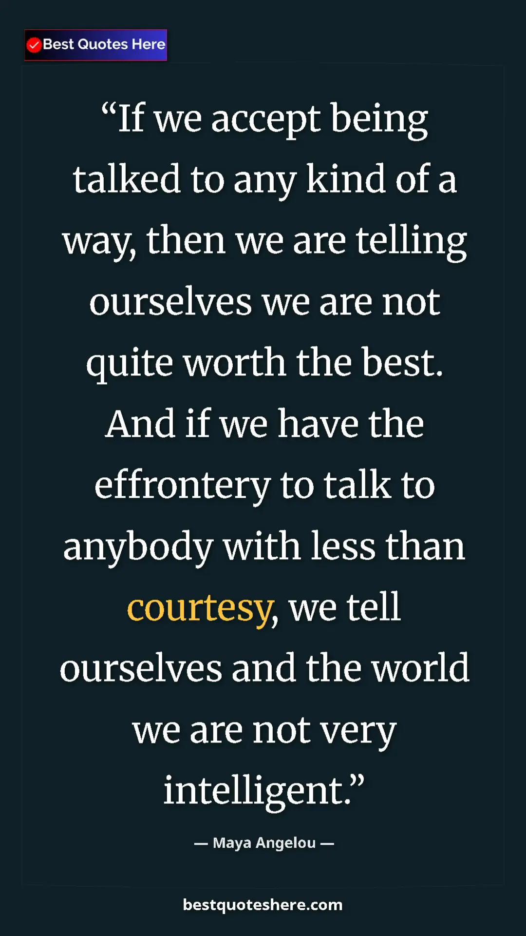 Maya Angelou Quote Card: "If we accept being talked to any kind of a way, then we are..." Pinterest quote poster by Maya Angelou: "If we accept being talked to any kind of a way, then we are..."