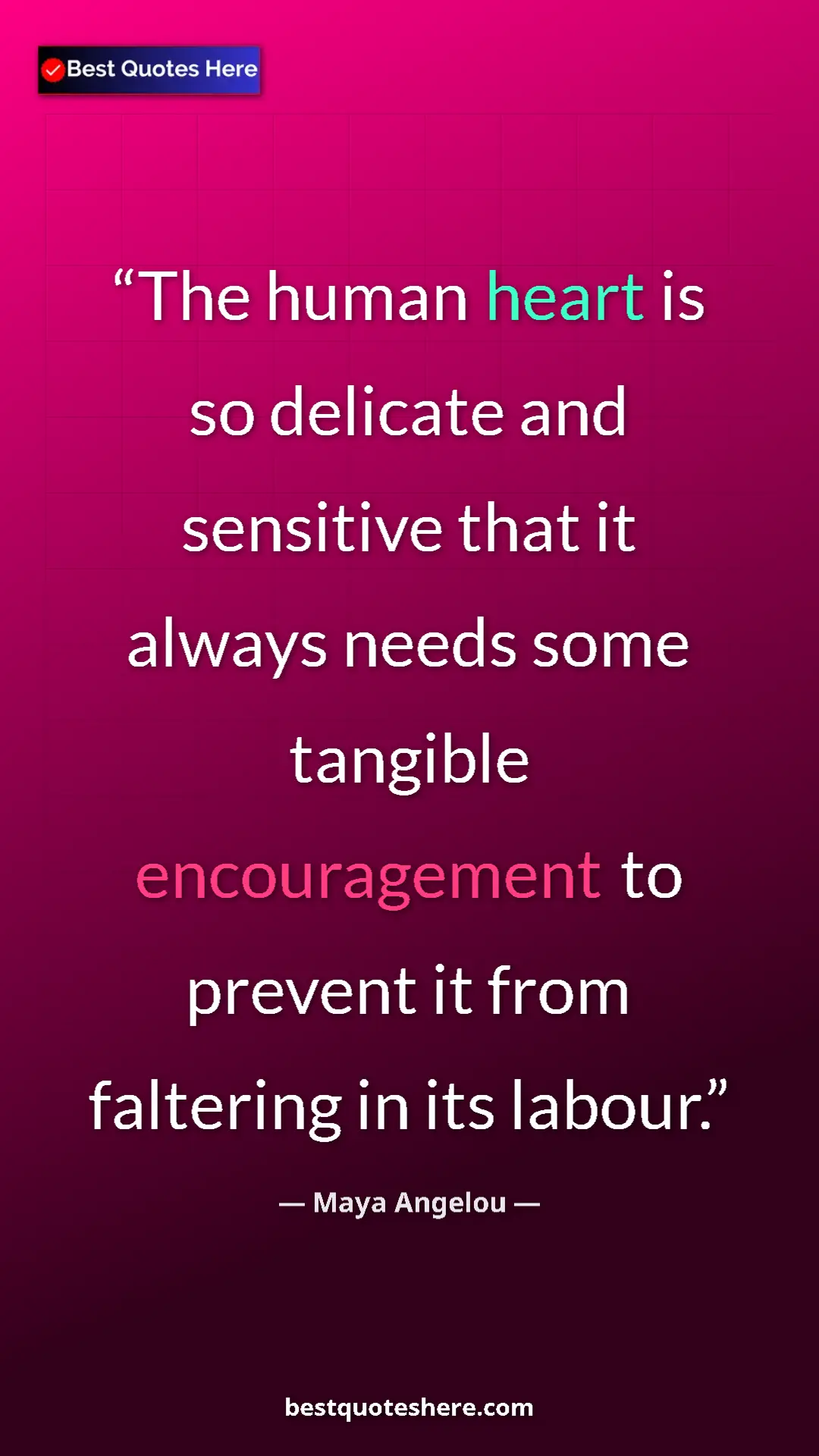 Pinterest quote poster by Maya Angelou: "The human heart is so delicate and sensitive that it always..."