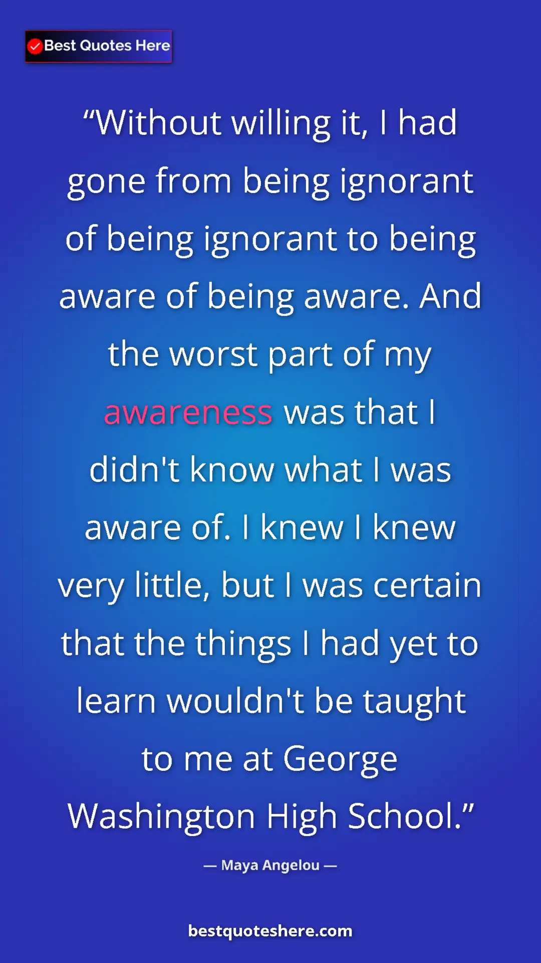 Pinterest quote poster by Maya Angelou: "Without willing it, I had gone from being ignorant of being..."