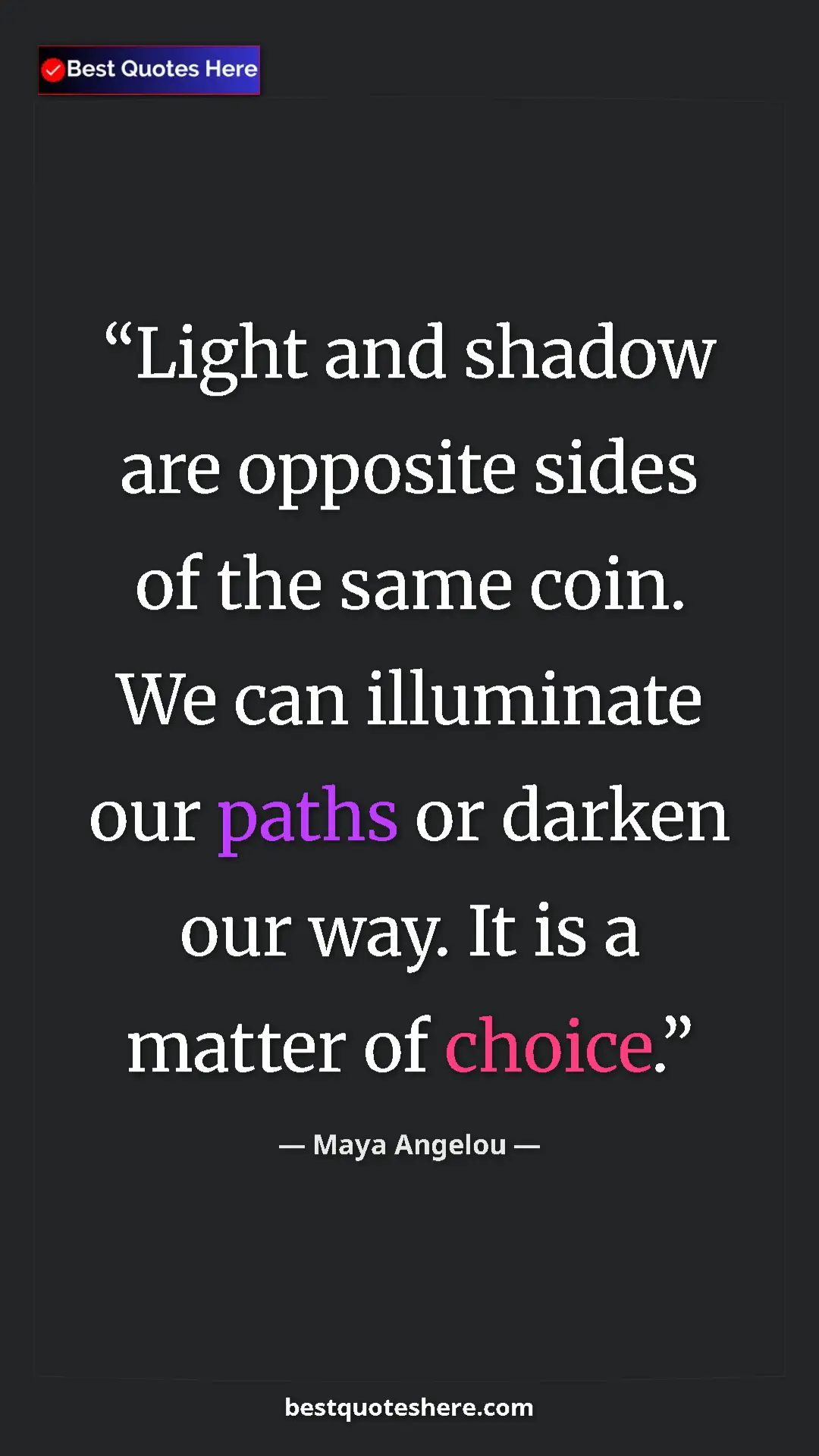 Pinterest quote poster by Maya Angelou: "Light and shadow are opposite sides of the same coin. We..."