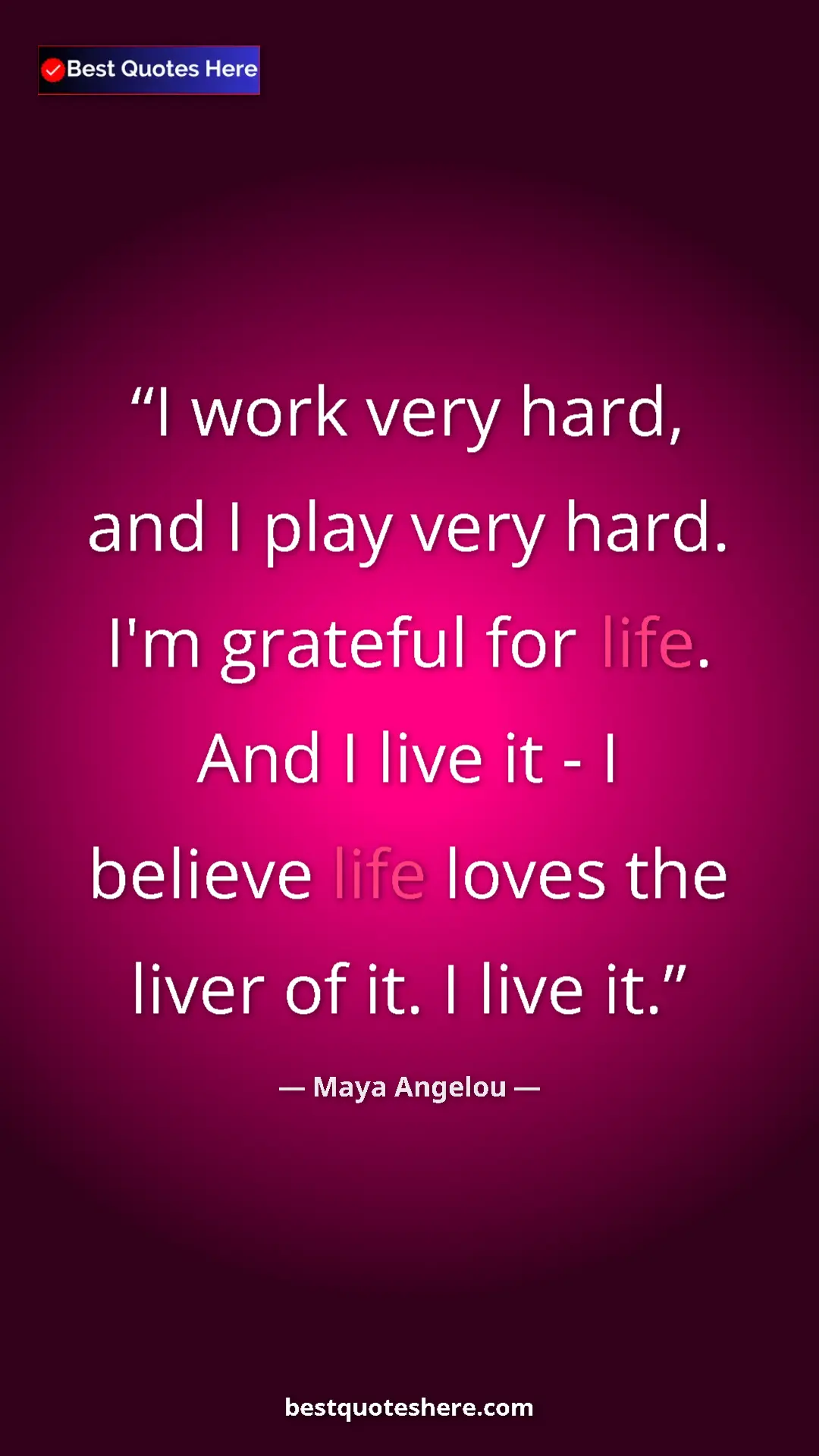 Pinterest quote poster by Maya Angelou: "I work very hard, and I play very hard. I'm grateful for..."