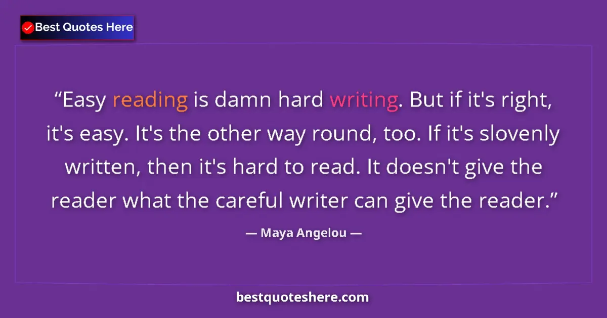 Image for the quote by Maya Angelou: Easy reading is damn hard writing. But if it's right, it's easy. It's the other way round, too. If i...