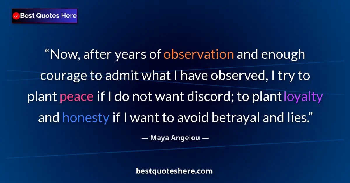 Quote by Maya Angelou: Now, after years of observation and enough courage to admit what I have observed, I try to plant pea...