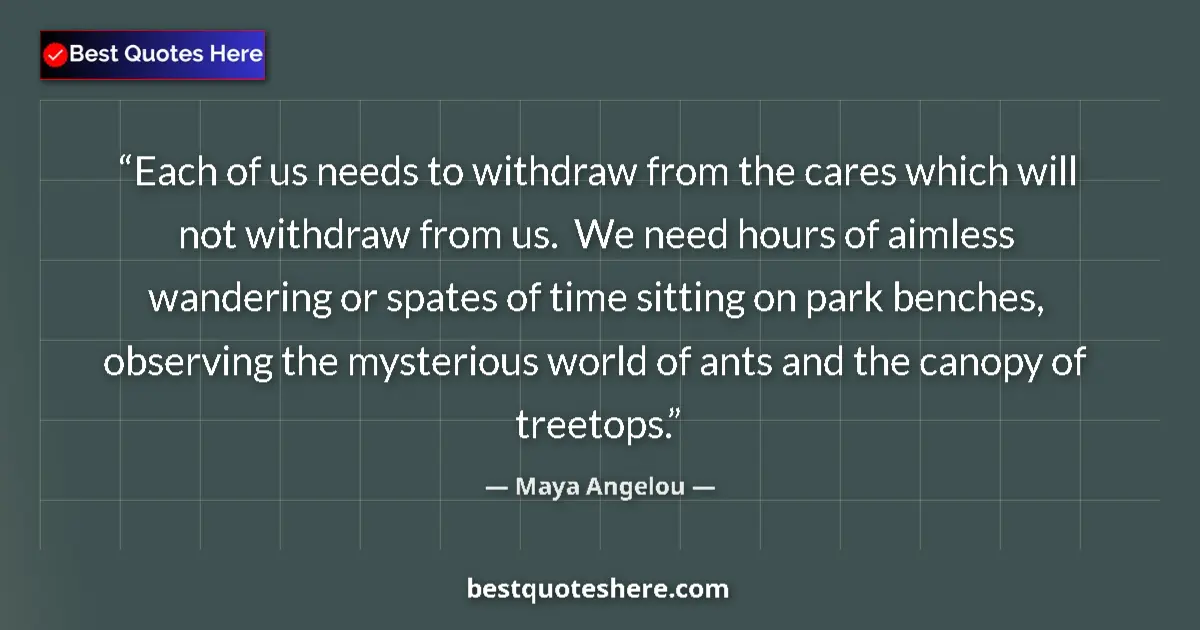 Quote by Maya Angelou: Each of us needs to withdraw from the cares which will not withdraw from us.  We need hours of aimle...