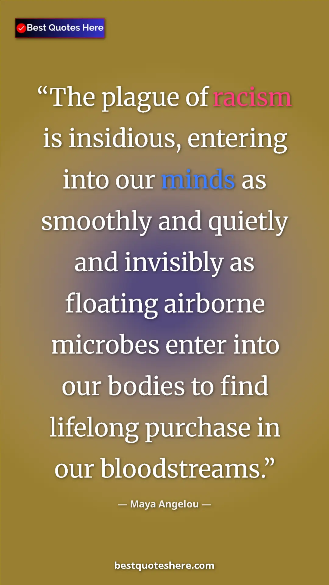 Pinterest quote poster by Maya Angelou: "The plague of racism is insidious, entering into our minds..."
