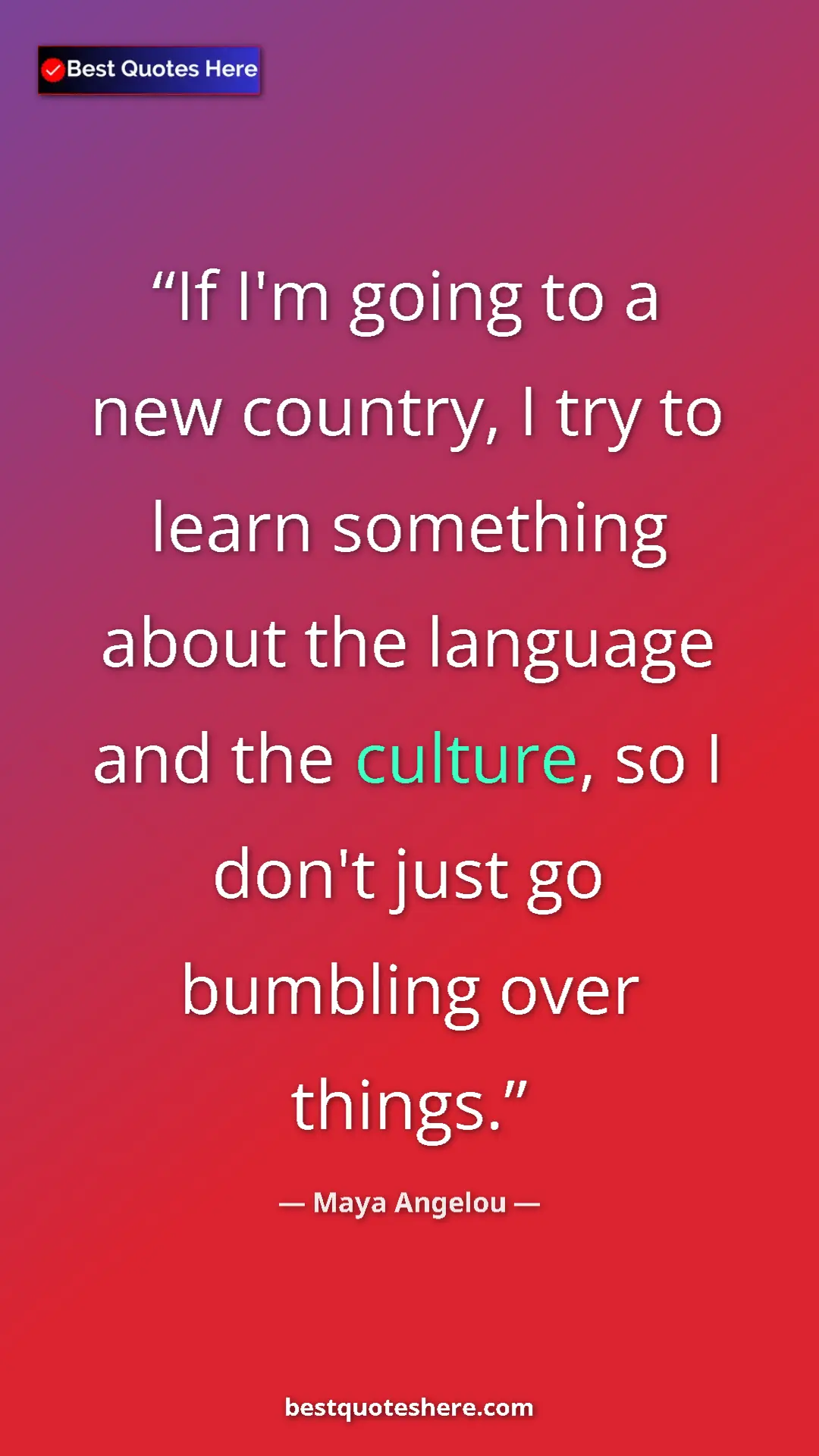 Pinterest quote poster by Maya Angelou: "If I'm going to a new country, I try to learn something..."