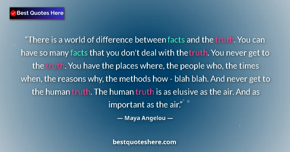 Quote by Maya Angelou: There is a world of difference between facts and the truth. You can have so many facts that you don'...