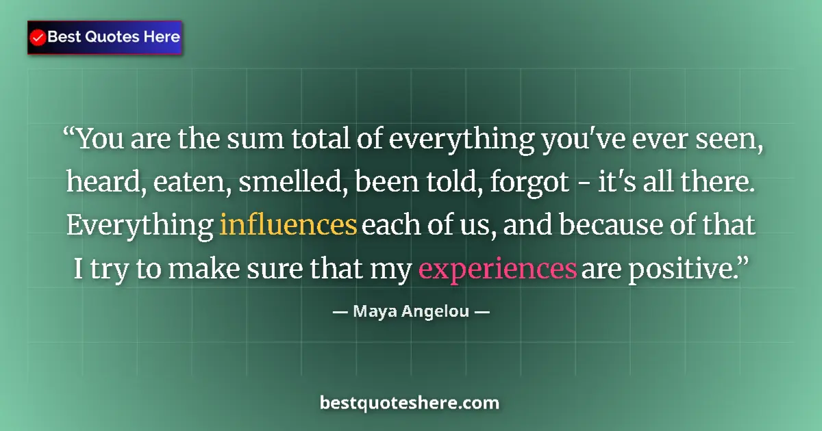 Quote by Maya Angelou: You are the sum total of everything you've ever seen, heard, eaten, smelled, been told, forgot - it'...