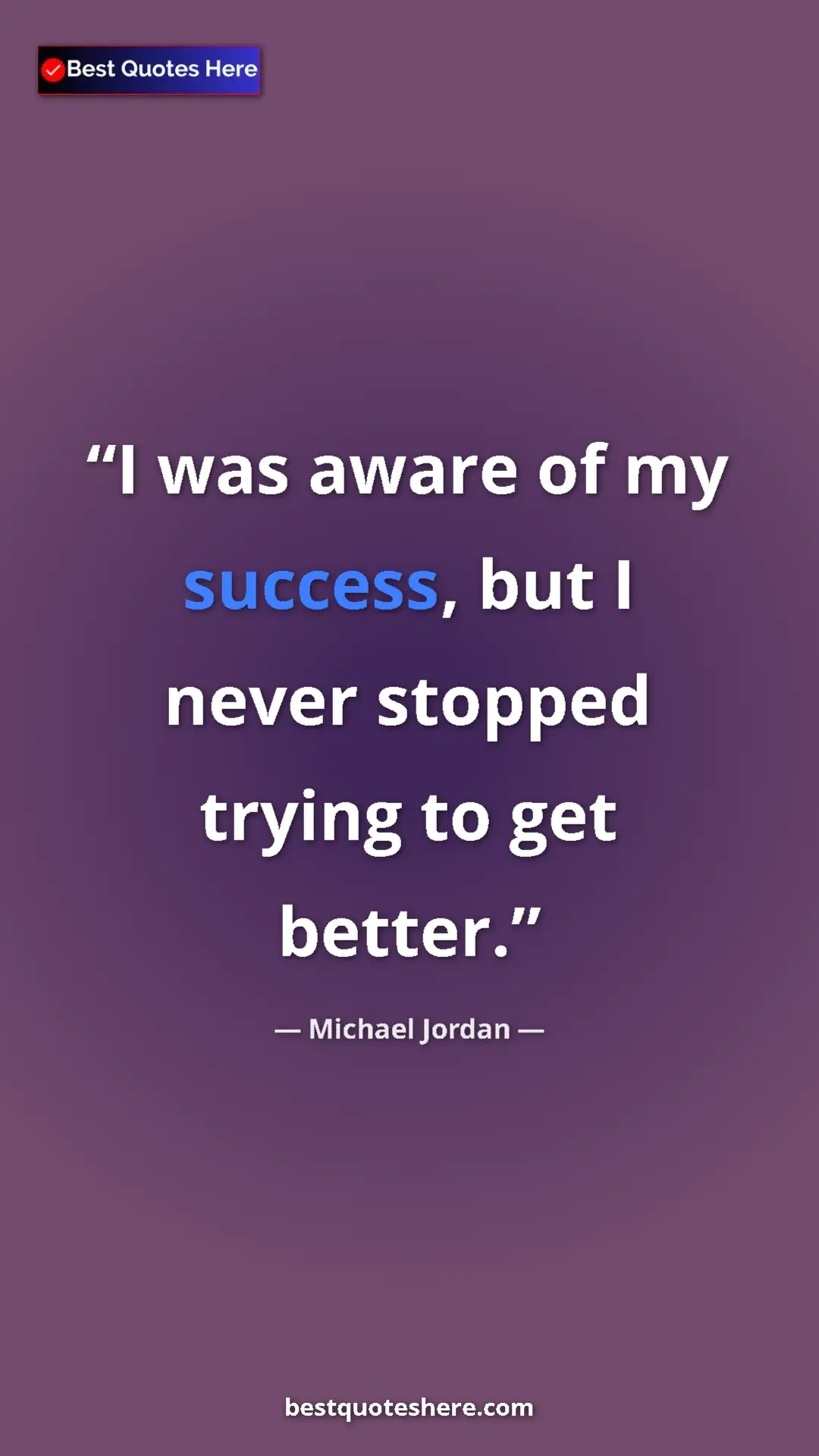 Pinterest quote poster by Michael Jordan: "I was aware of my success, but I never stopped trying to..."