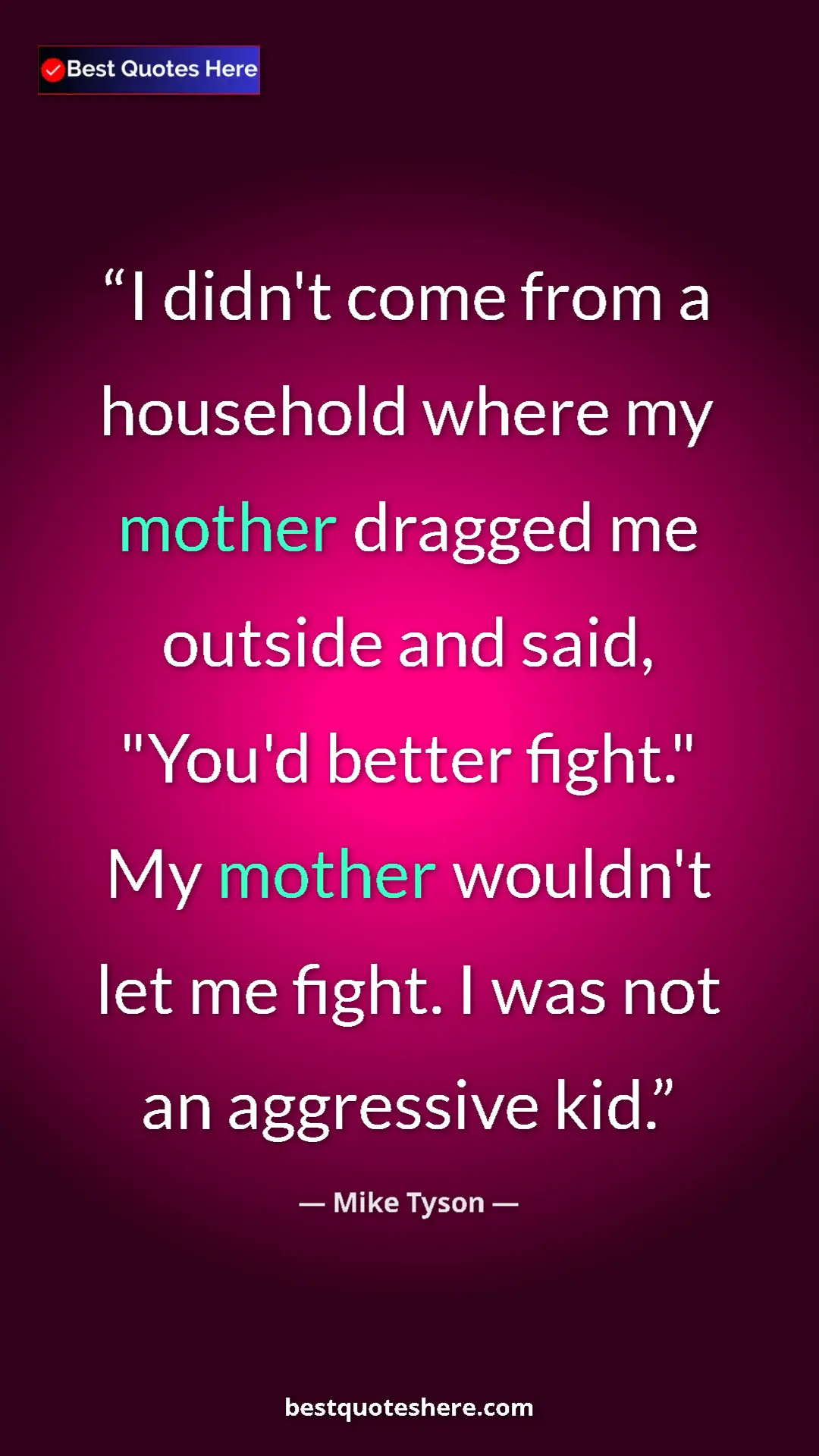 Mike Tyson Quote Card: "I didn't come from a household where my mother dragged me..." Pinterest quote poster by Mike Tyson: "I didn't come from a household where my mother dragged me..."