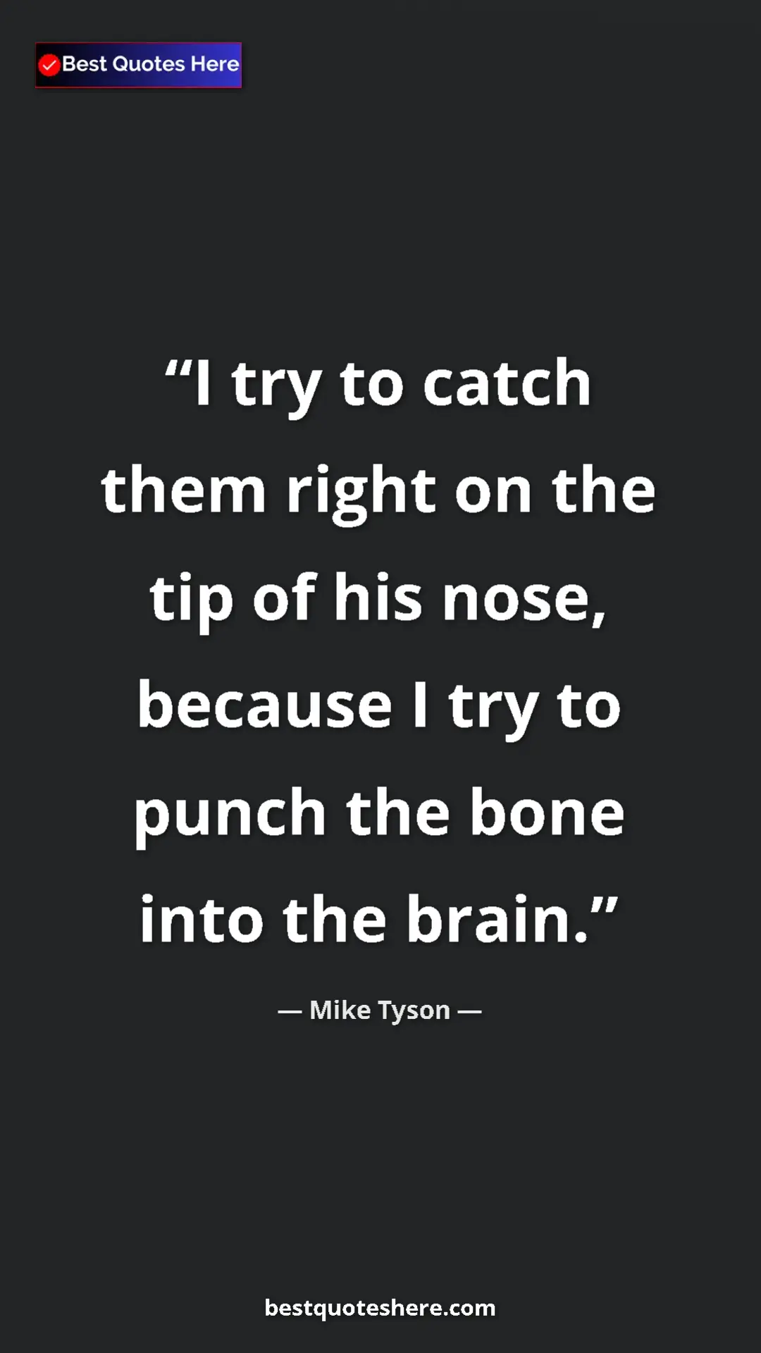 Mike Tyson Quote Card: "I try to catch them right on the tip of his nose, because I..." Pinterest quote poster by Mike Tyson: "I try to catch them right on the tip of his nose, because I..."