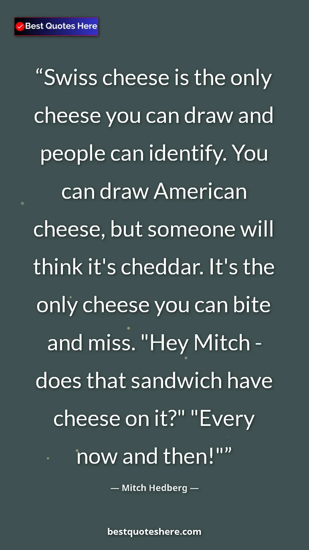 Pinterest quote poster by Mitch Hedberg: "Swiss cheese is the only cheese you can draw and people can..."