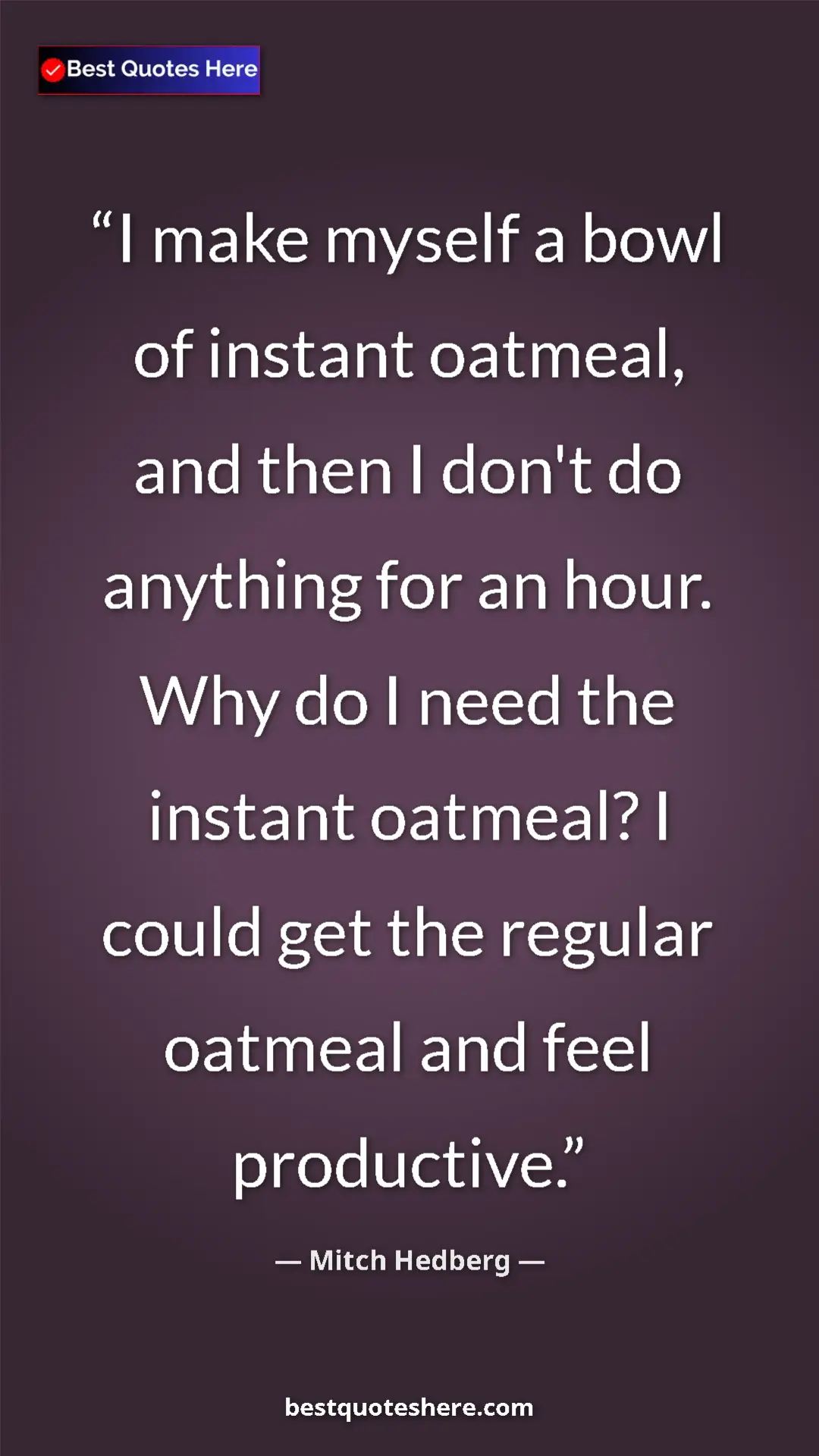 Pinterest quote poster by Mitch Hedberg: "I make myself a bowl of instant oatmeal, and then I don't..."