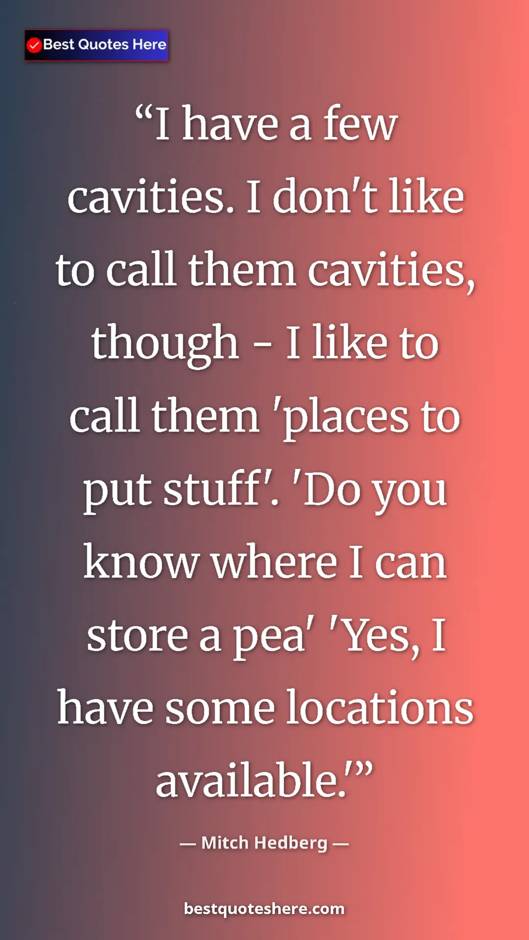 Pinterest quote poster by Mitch Hedberg: "I have a few cavities. I don't like to call them cavities,..."