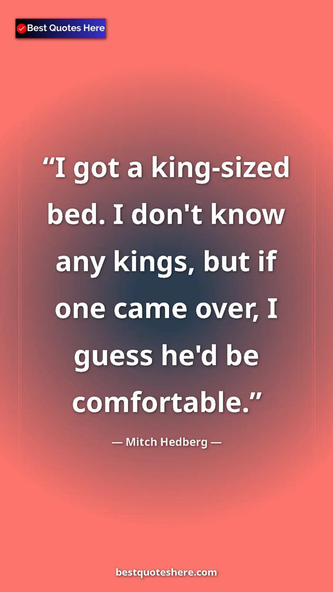 Pinterest quote poster by Mitch Hedberg: "I got a king-sized bed. I don't know any kings, but if one..."