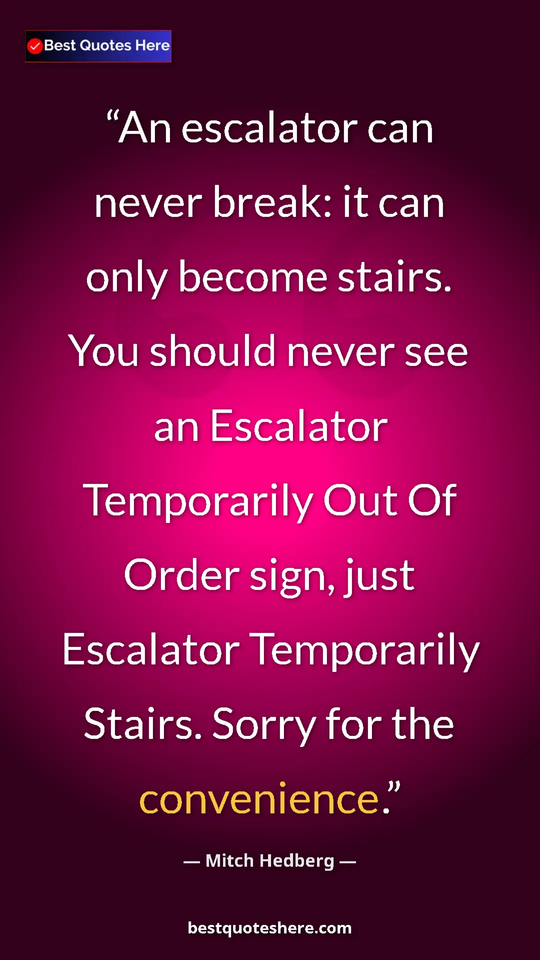 Pinterest quote poster by Mitch Hedberg: "An escalator can never break: it can only become stairs...."